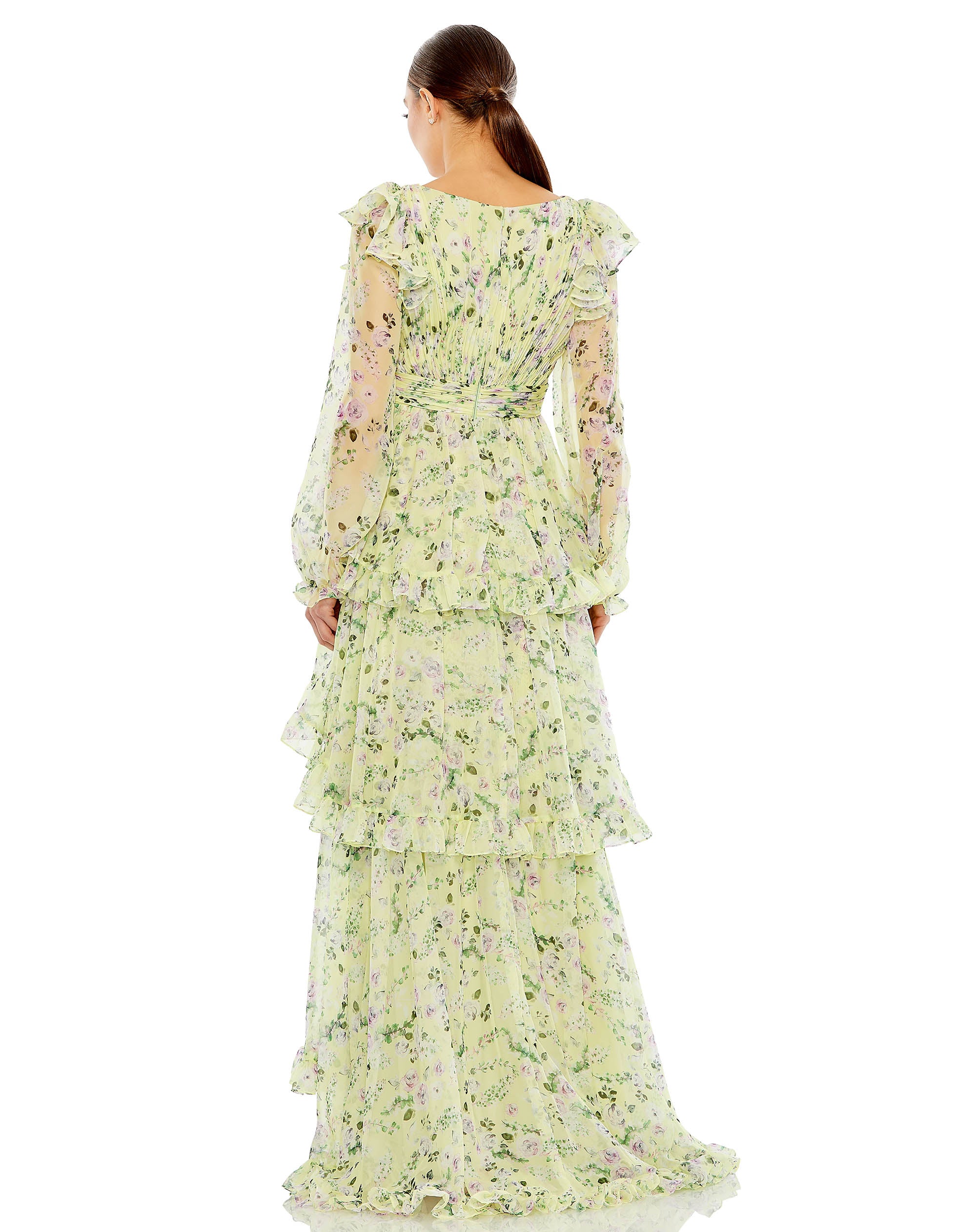 Floral Chiffon Tiered Ruffle Puff Sleeve Gown