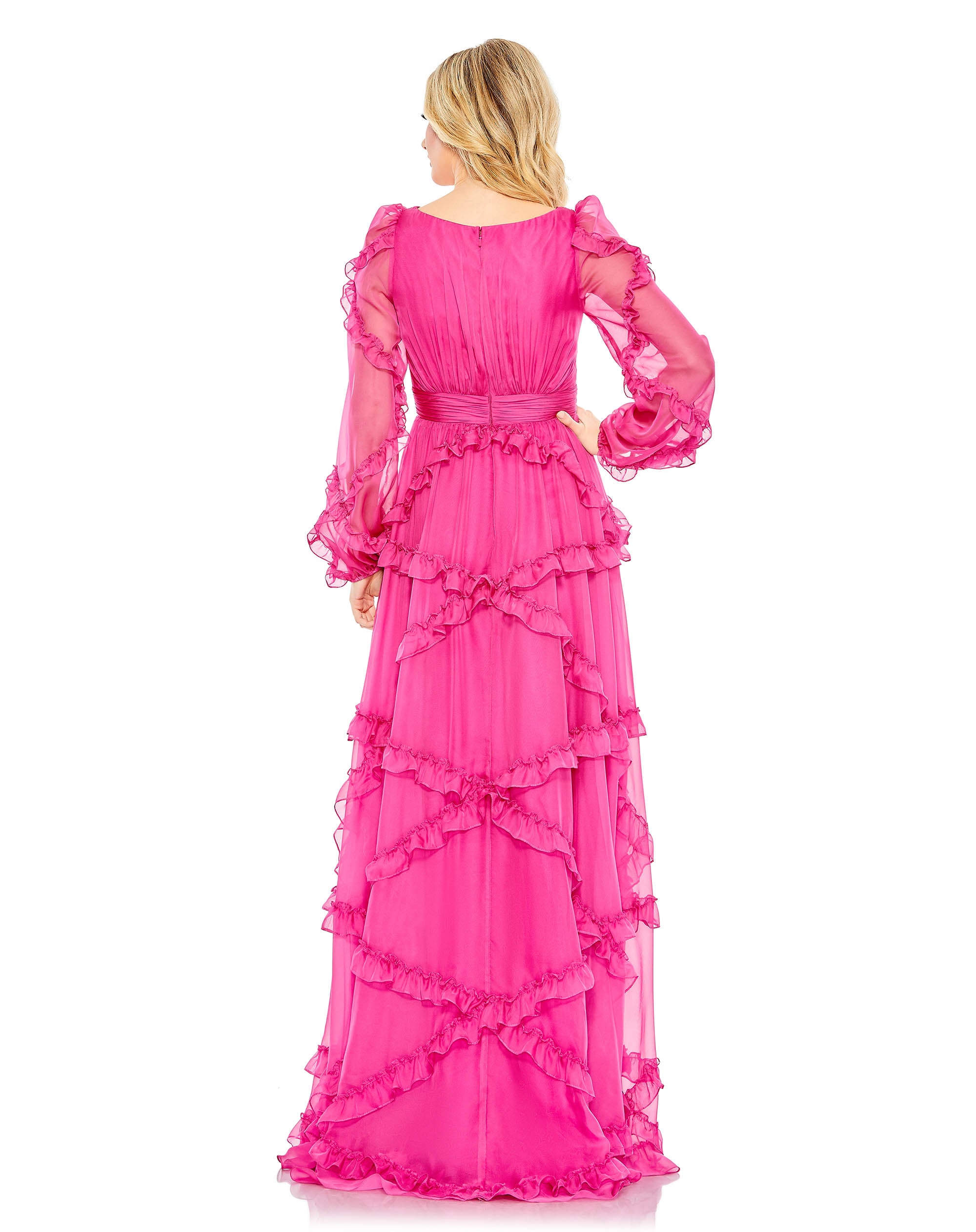 Cascading Ruffle Puff Sleeve A Line Gown