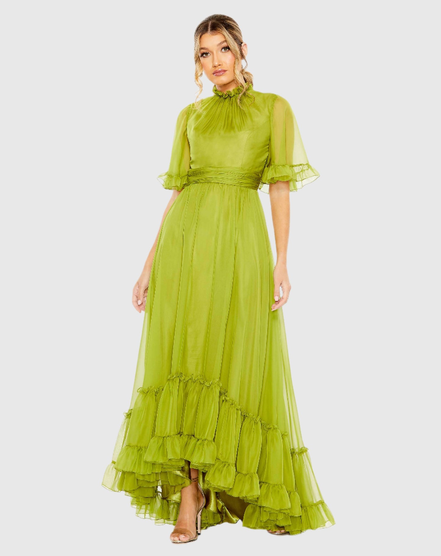 Ruffled High Neck Flutter Sleeve High Low Hem Gown