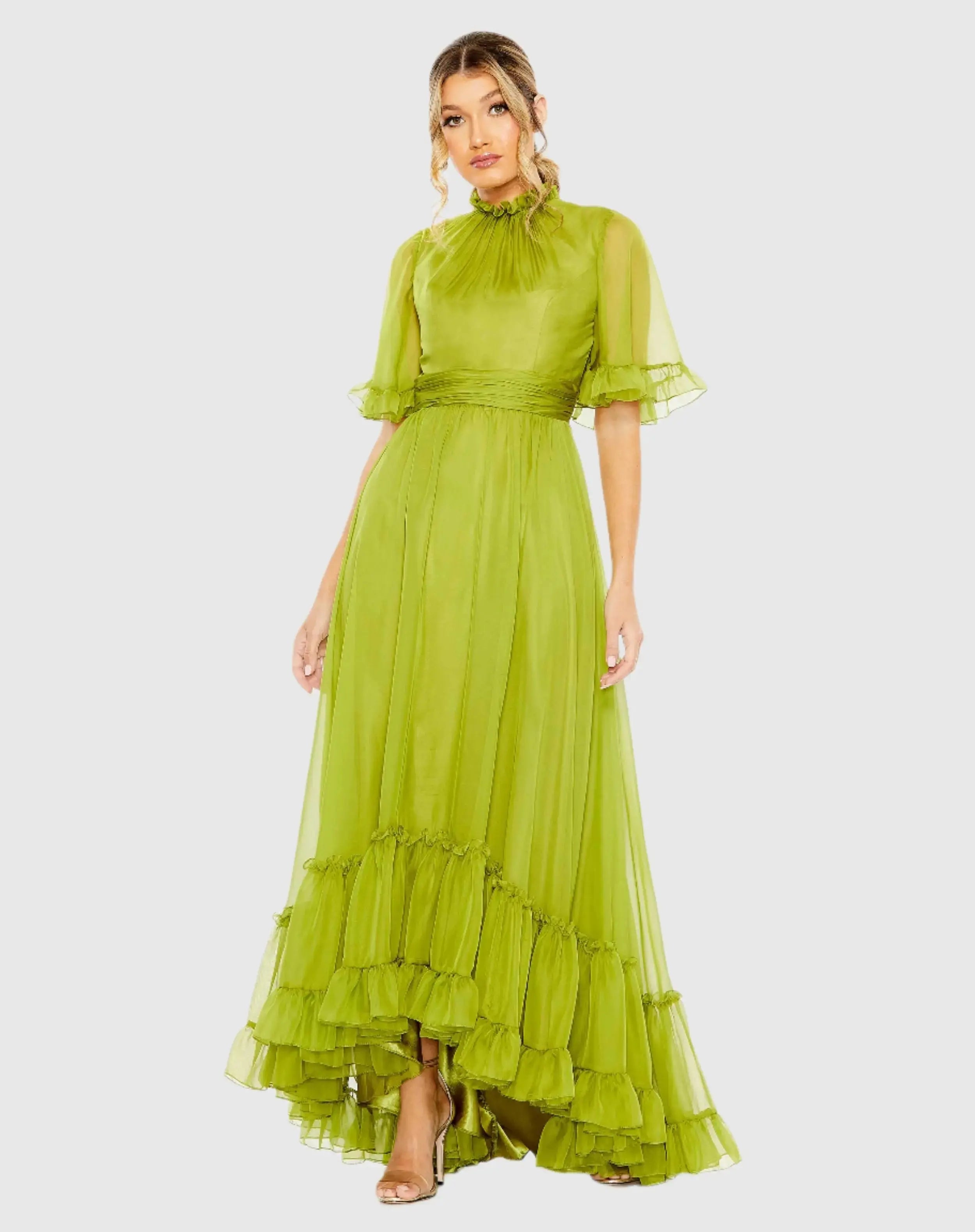 Green Ruffled Mock Neck Flutter Sleeve High Low Hem Gown - Mac Duggal