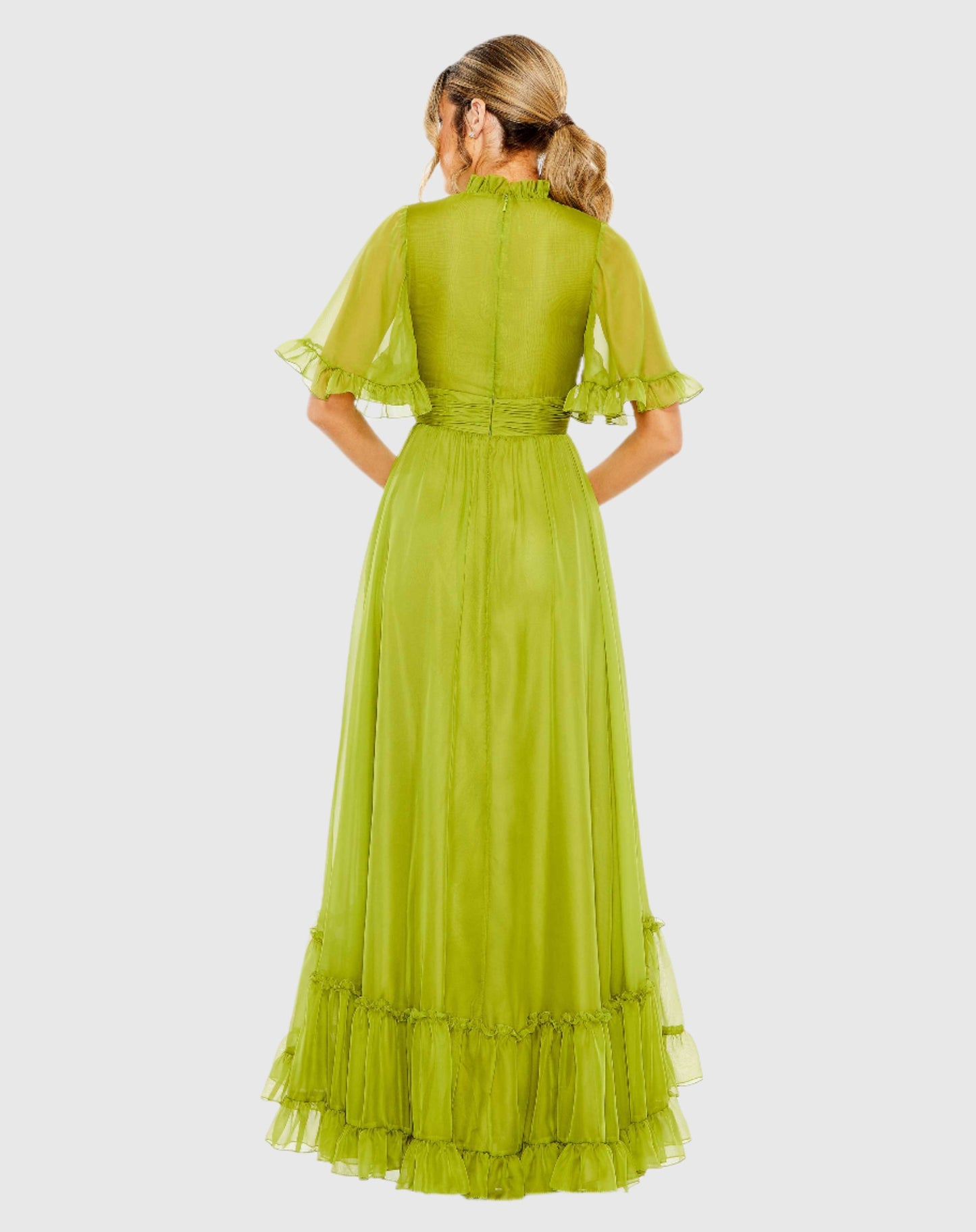 Ruffled Mock Neck Flutter Sleeve High Low Hem Gown