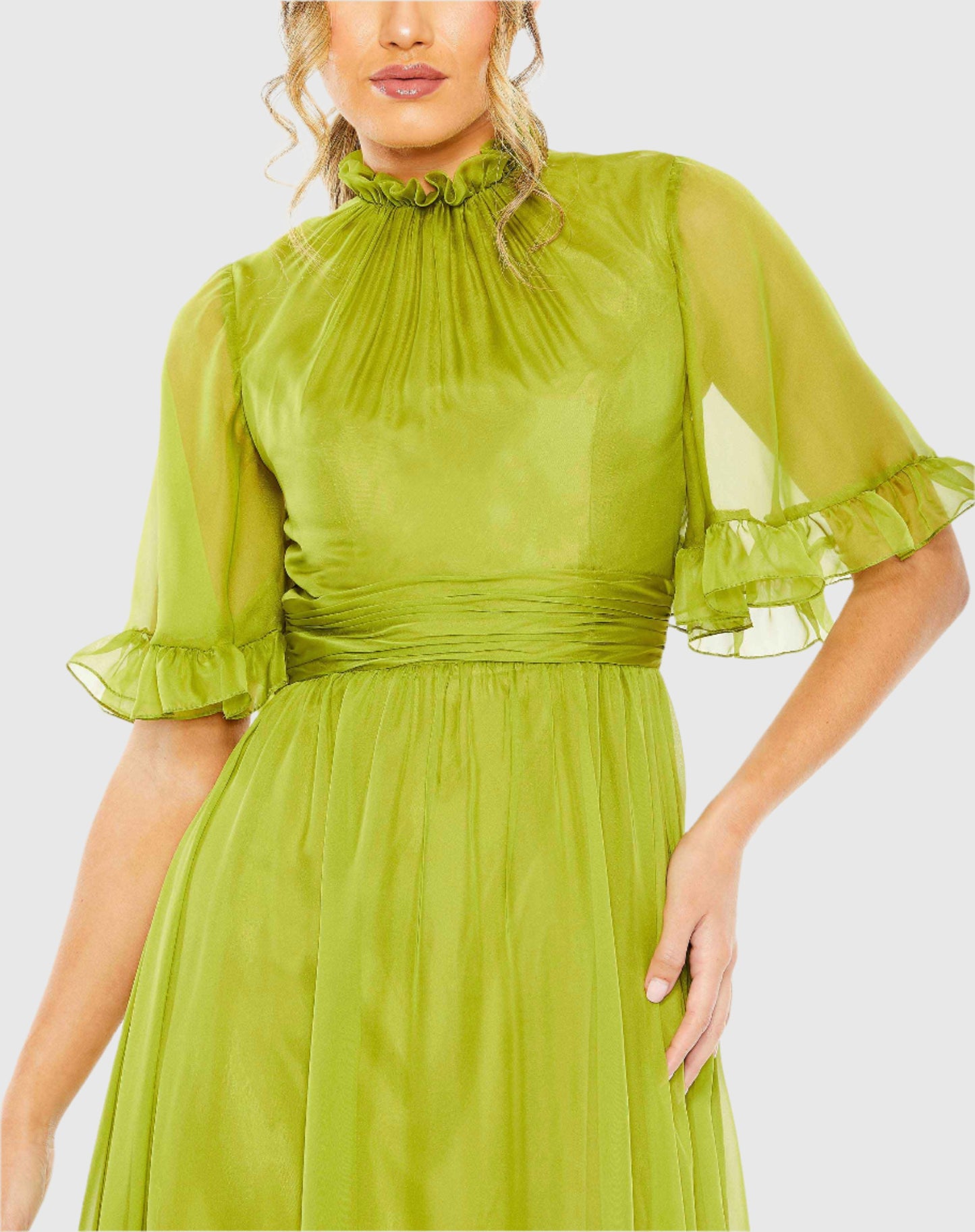 Ruffled Mock Neck Flutter Sleeve High Low Hem Gown