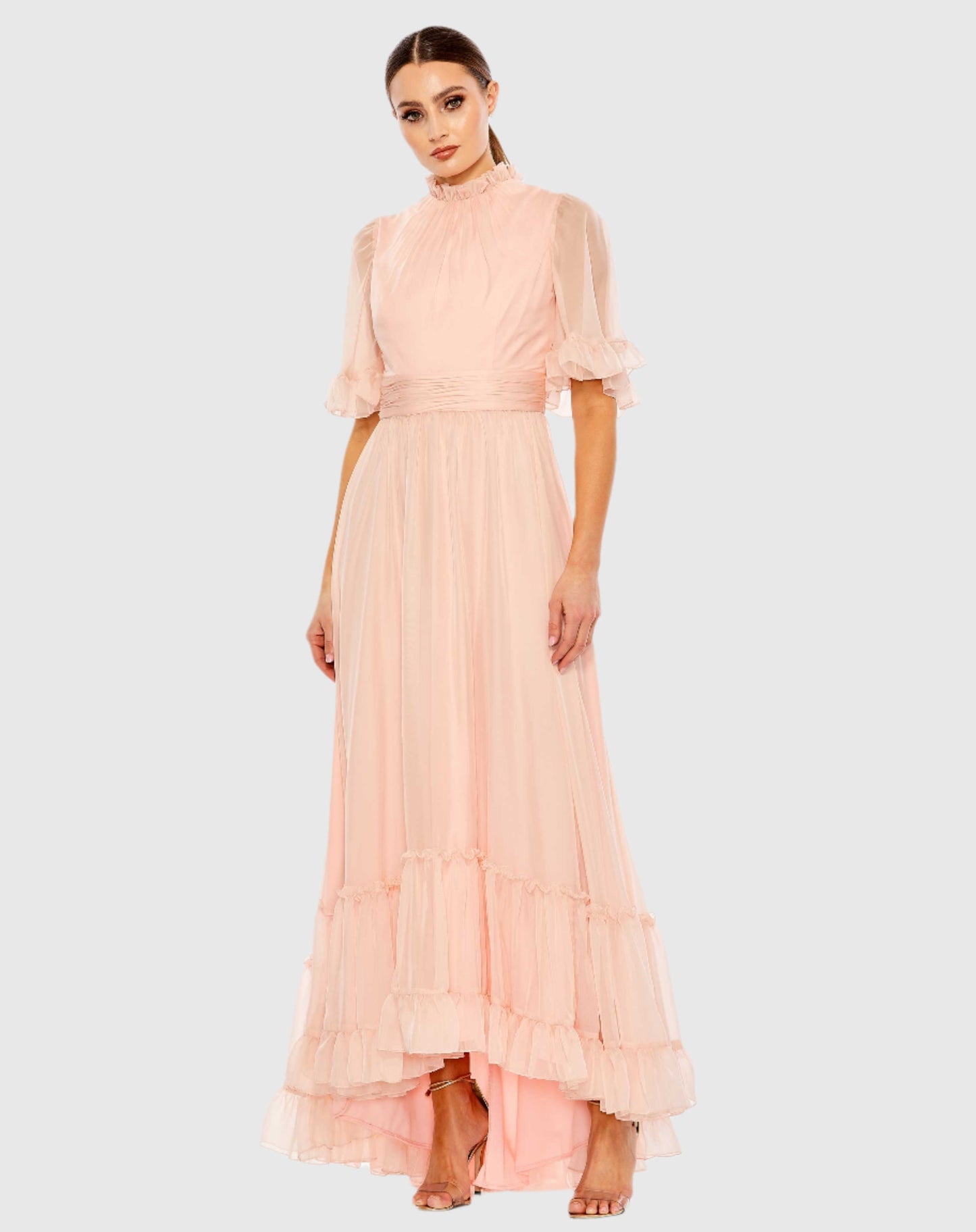 Ruffled High Neck Flutter Sleeve High Low Hem Gown