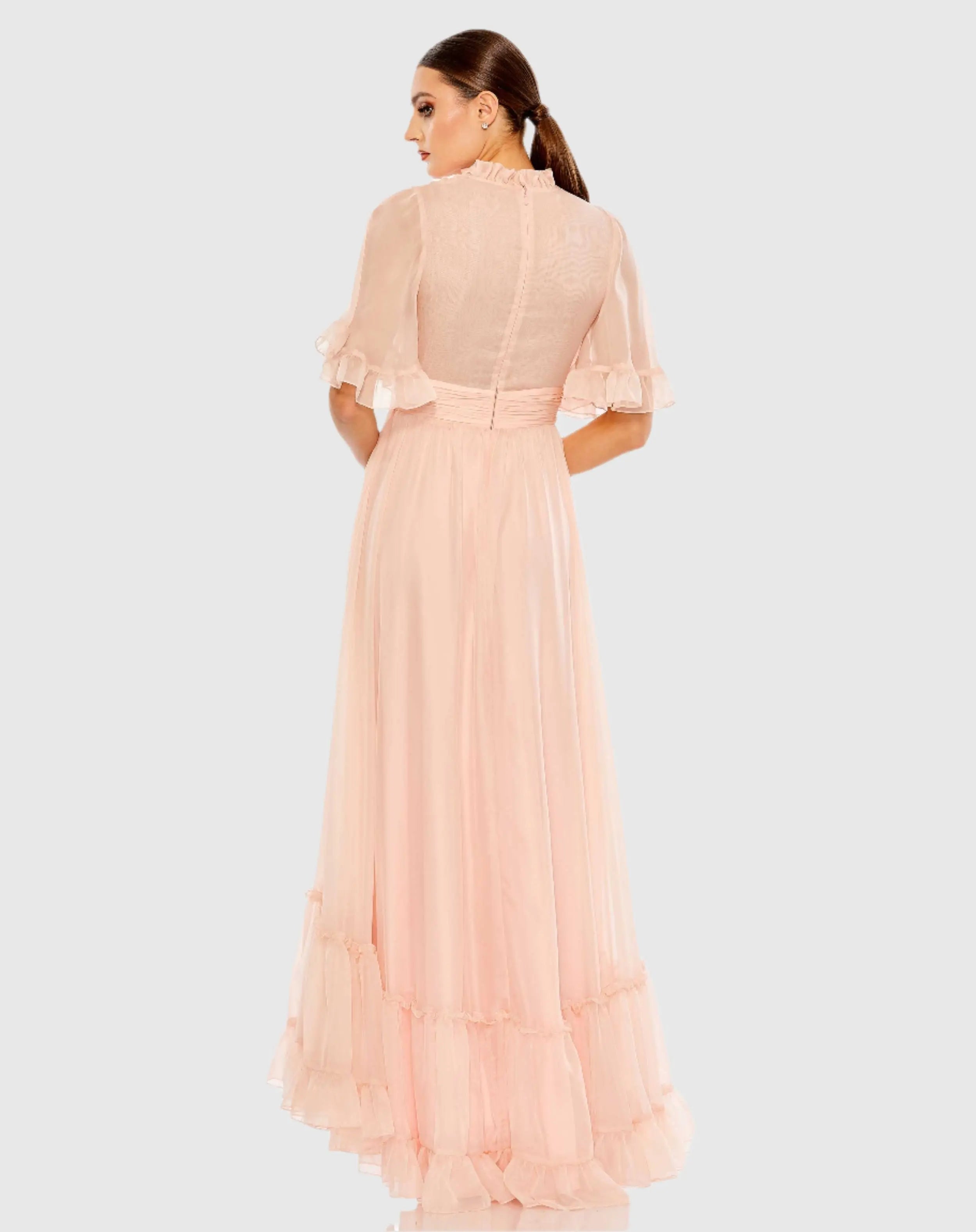 Pink Ruffled Mock Neck Flutter Sleeve High Low Hem Gown - Mac Duggal
