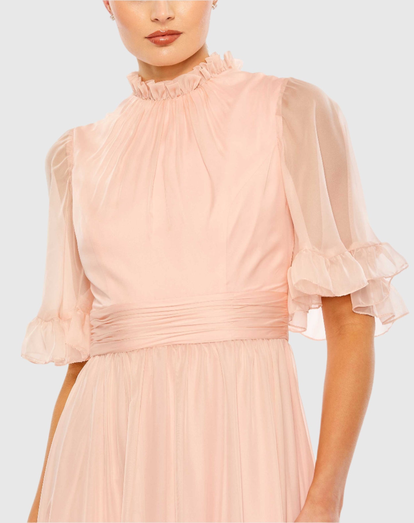 Ruffled Mock Neck Flutter Sleeve High Low Hem Gown