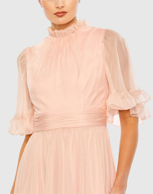 Pink Ruffled Mock Neck Flutter Sleeve High Low Hem Gown - Mac Duggal