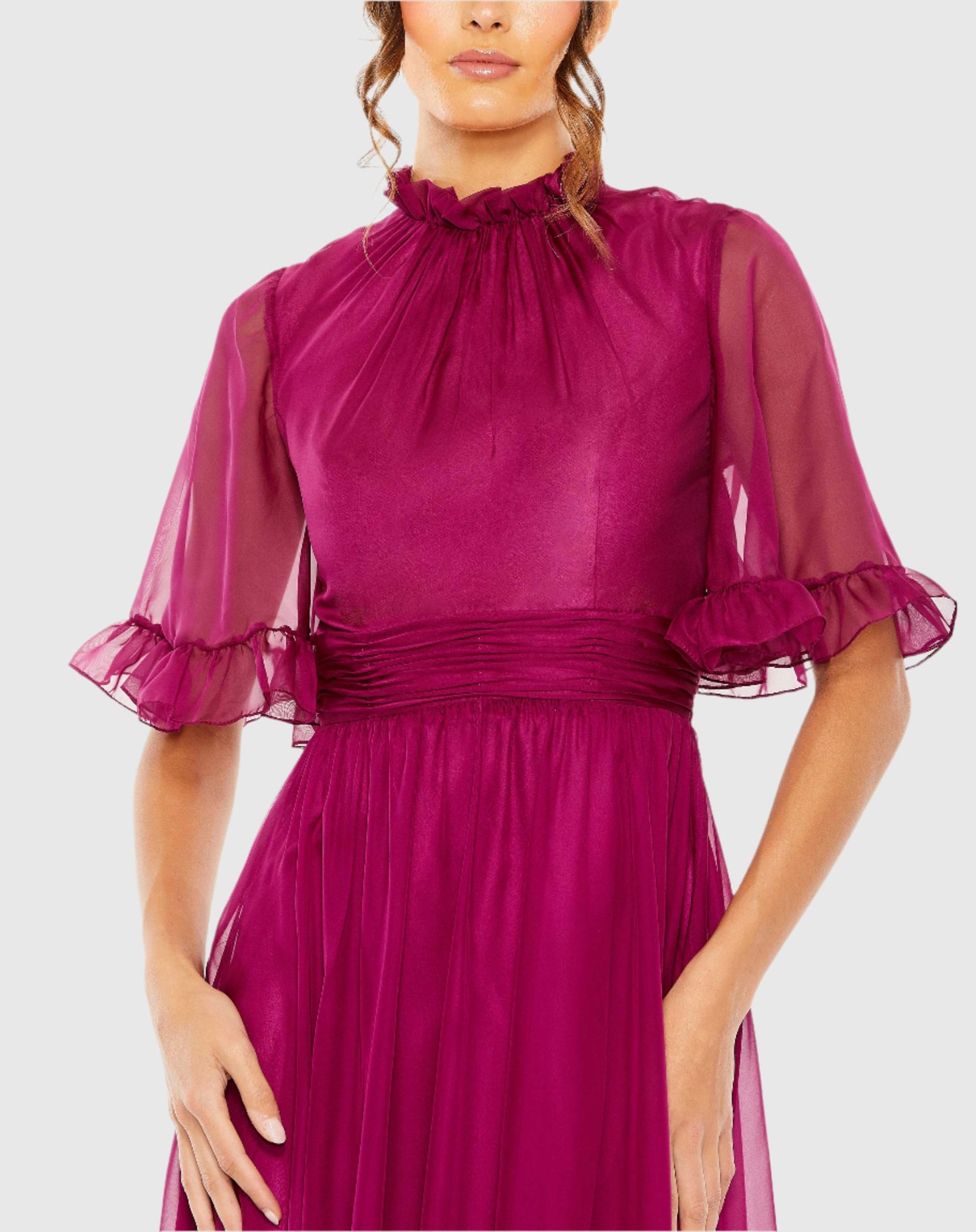 Ruffled Mock Neck Flutter Sleeve High Low Hem Gown