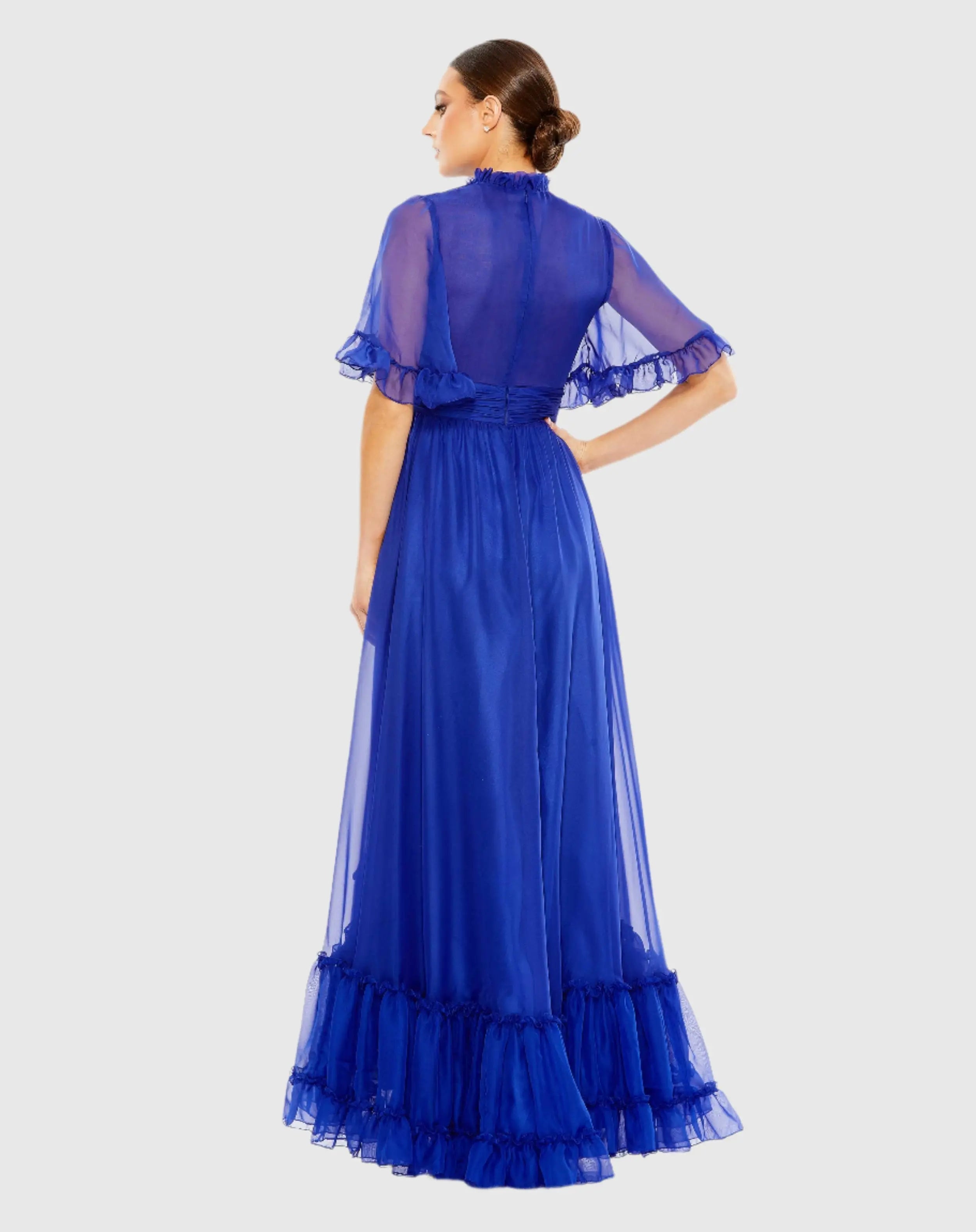 Blue Ruffled Mock Neck Flutter Sleeve High Low Hem Gown - Mac Duggal