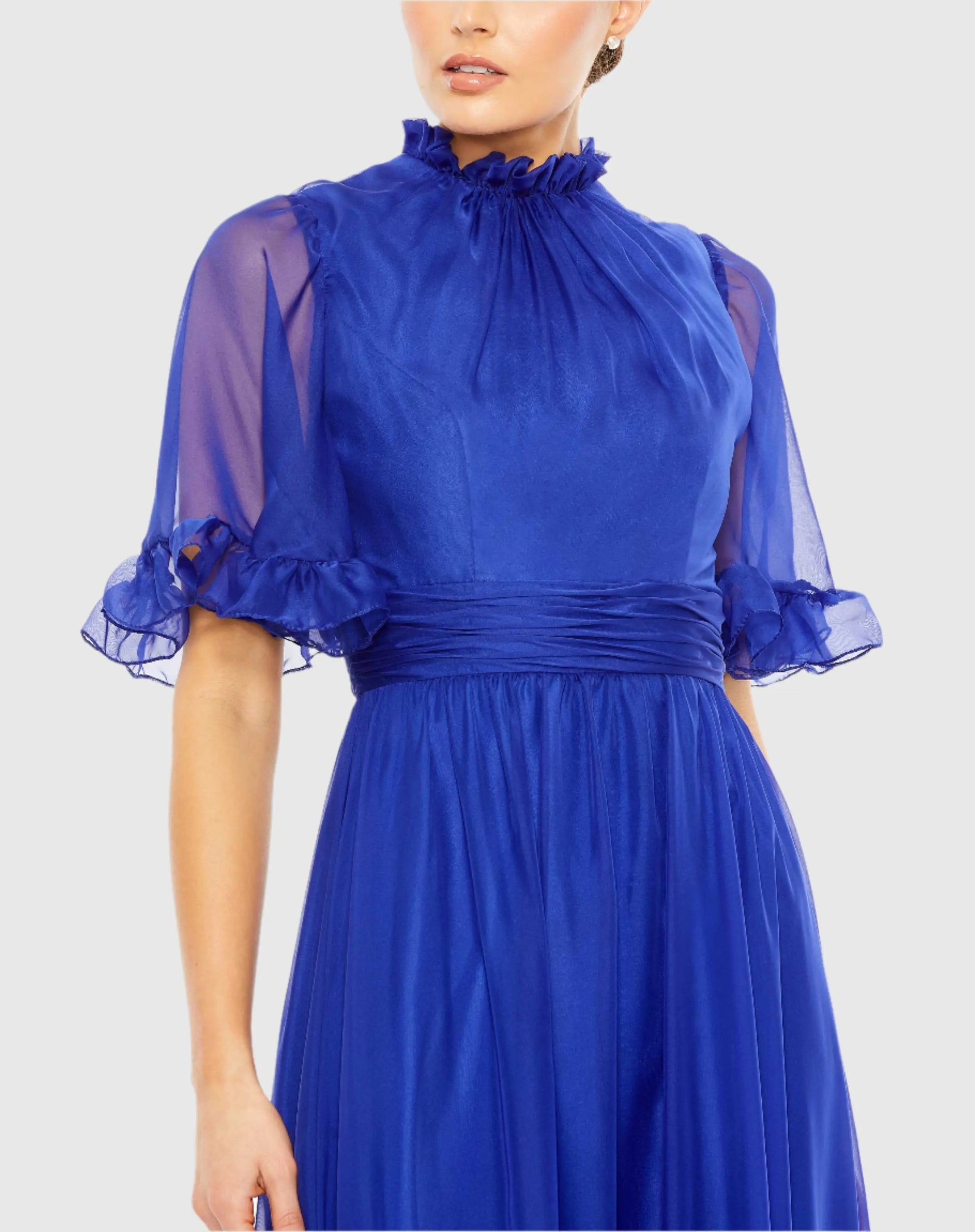 Blue Ruffled Mock Neck Flutter Sleeve High Low Hem Gown - Mac Duggal