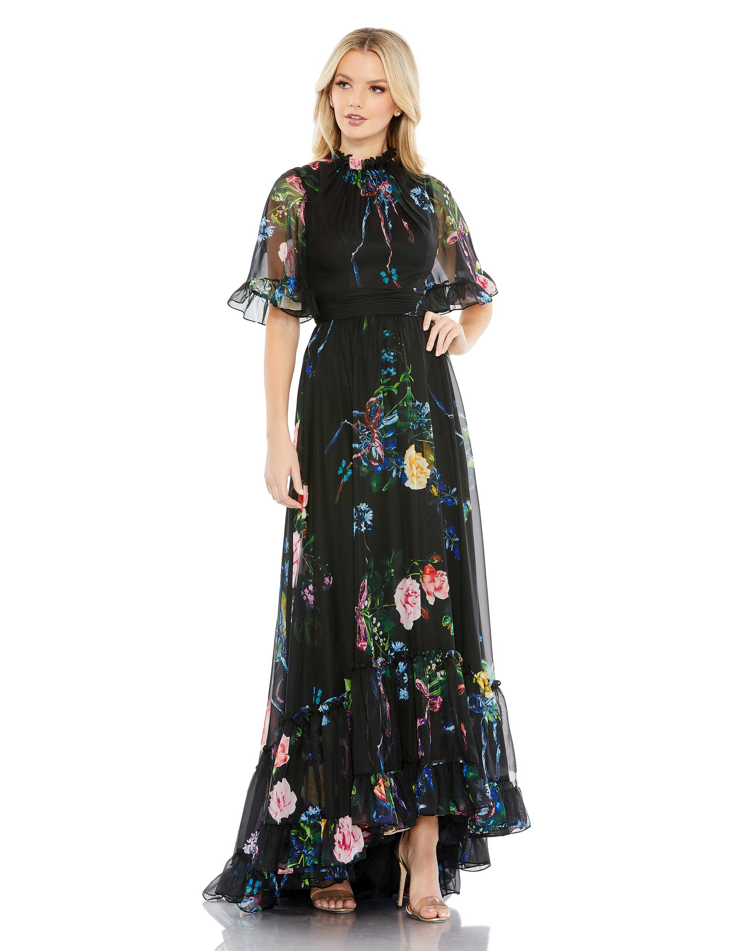 Floral Print Ruffled High Neck Flutter Sleeve Gown