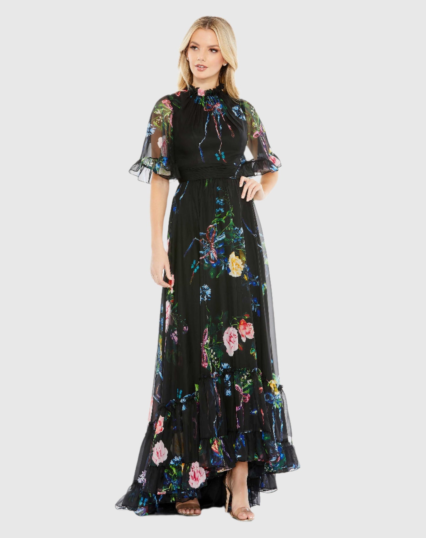 Floral Print Ruffled High Neck Flutter Sleeve Gown