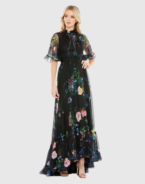 Floral Print Ruffled High Neck Flutter Sleeve Gown