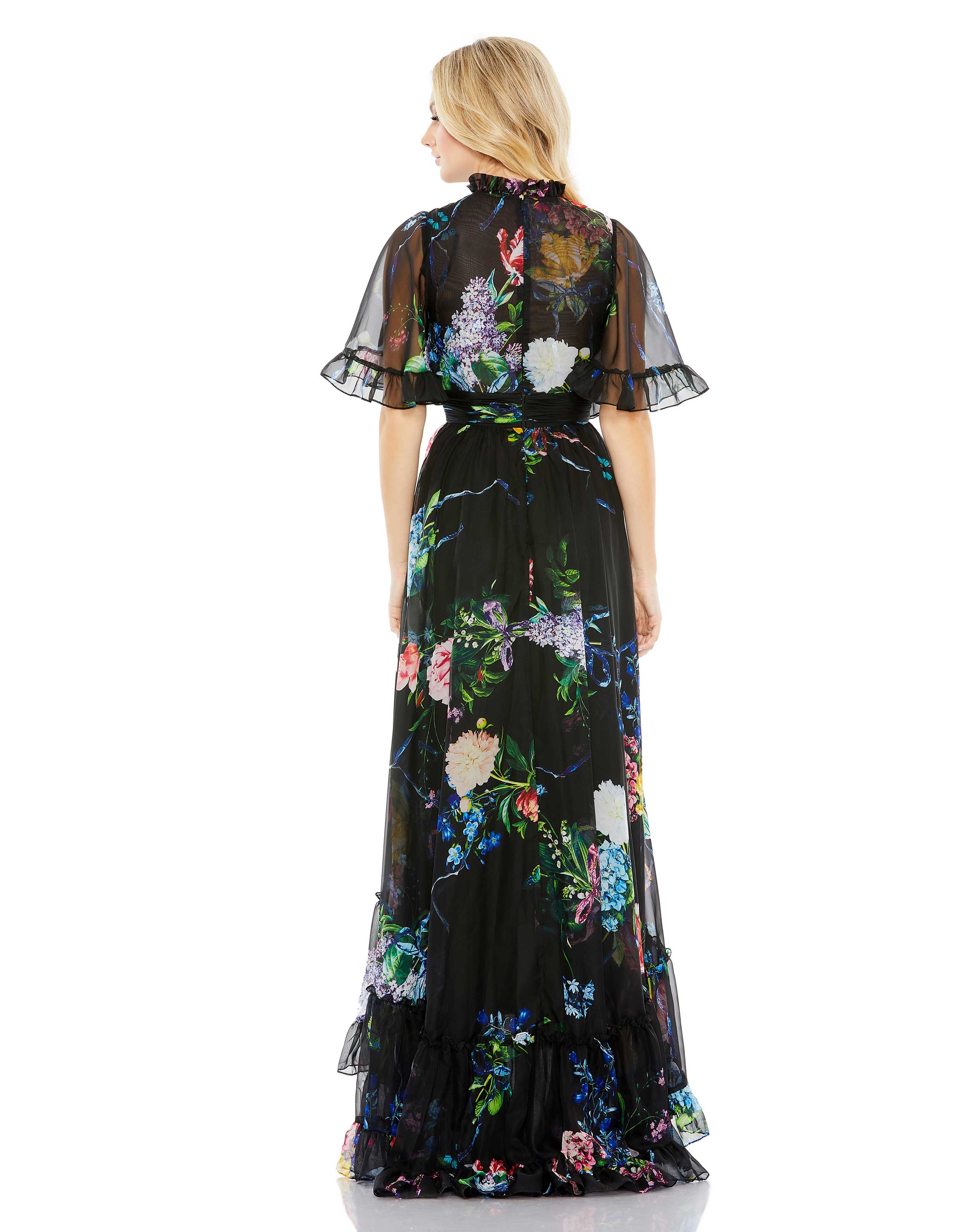 Floral Print Ruffled High Neck Flutter Sleeve Gown