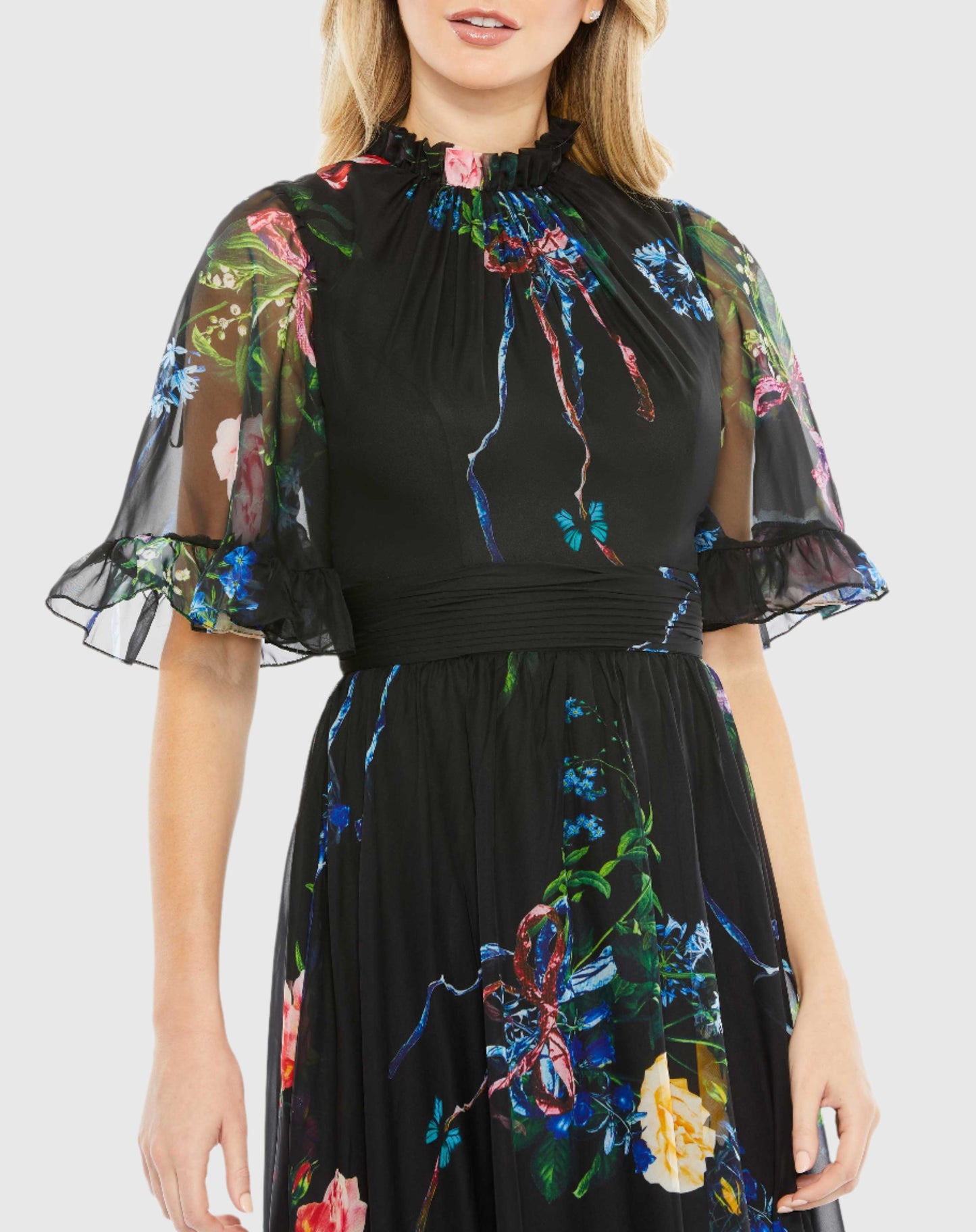 Floral Print Ruffled High Neck Flutter Sleeve Gown