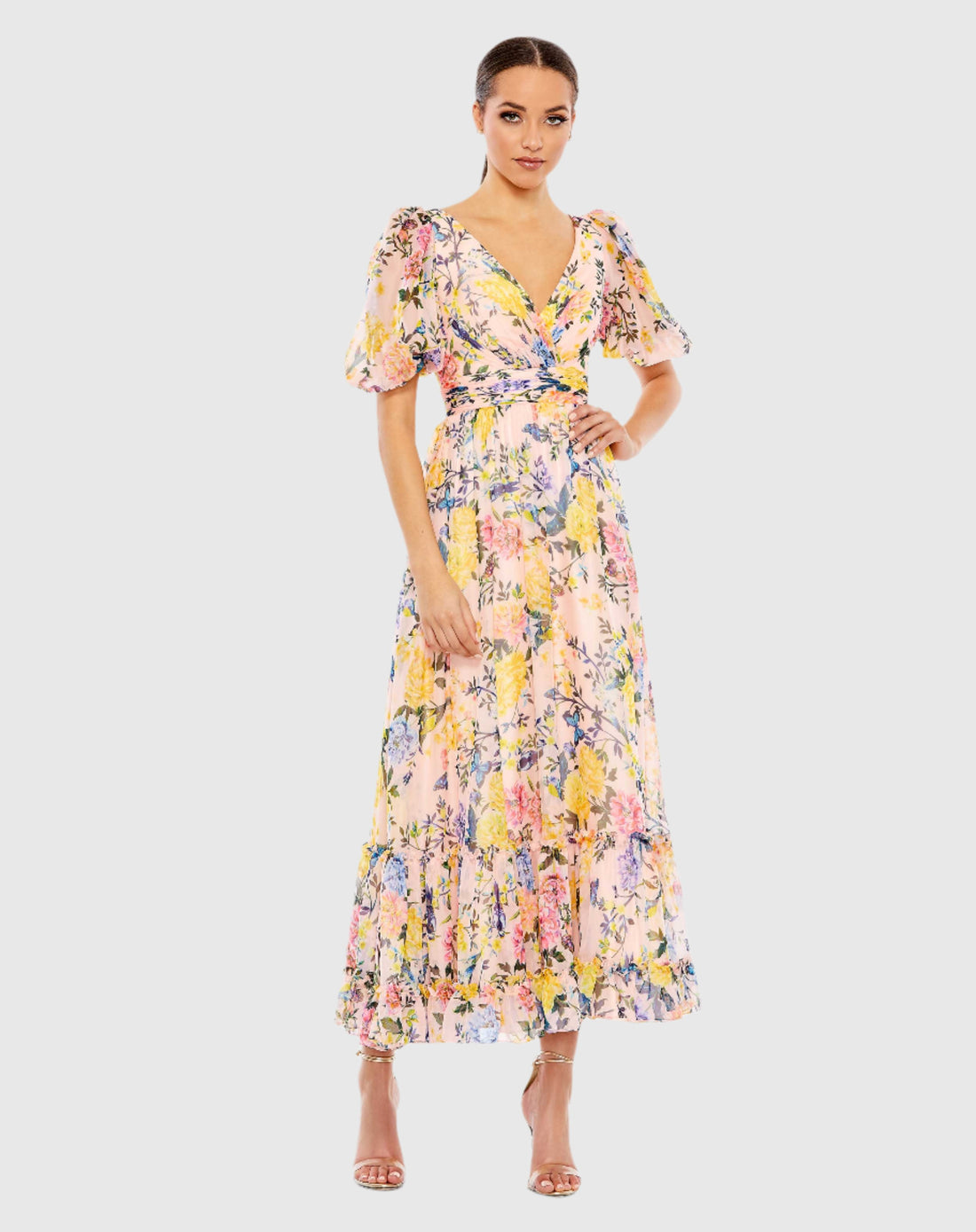 Floral Print Chiffon Puff Sleeve Tiered Hem Dress