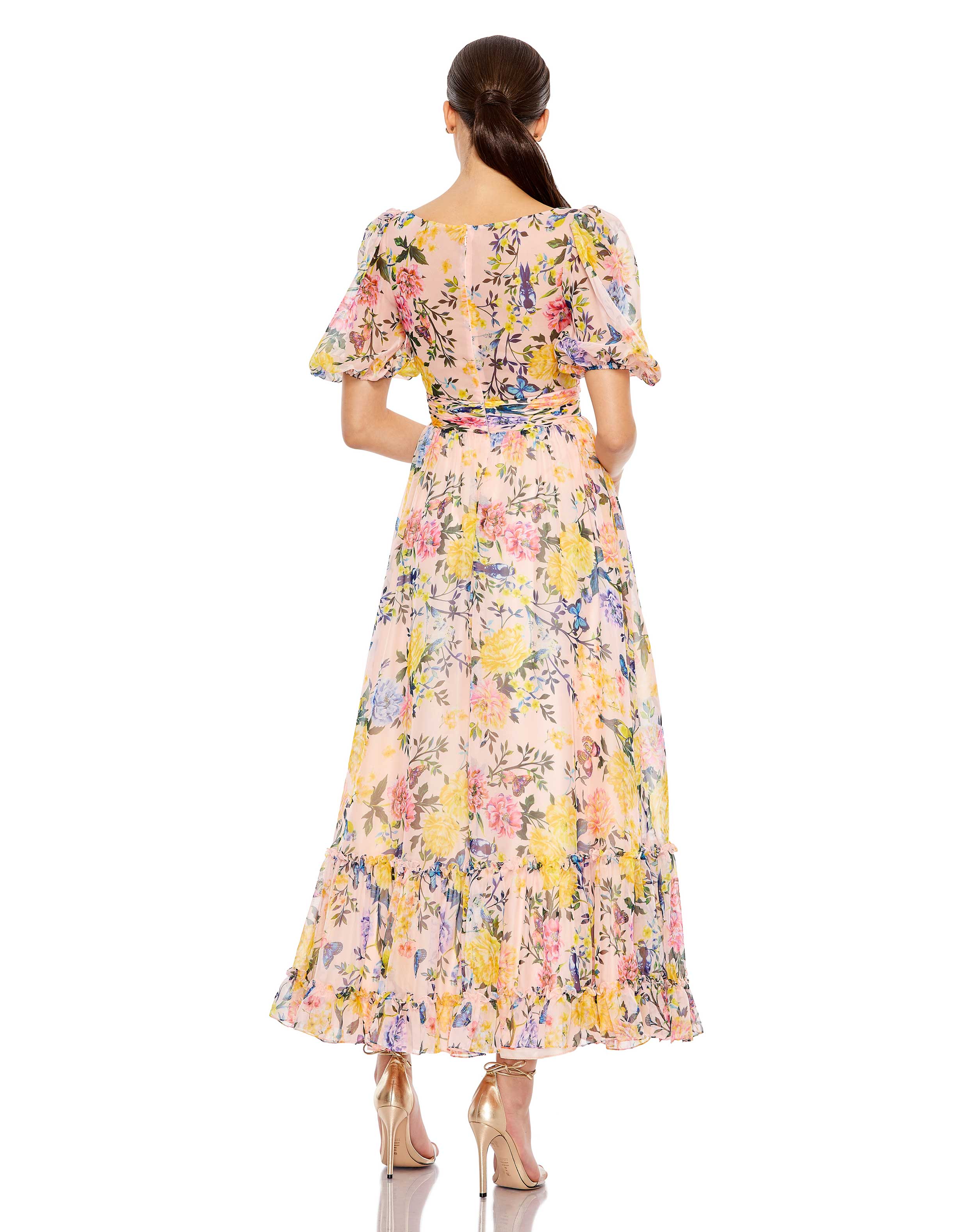 Floral Print Chiffon Puff Sleeve Tiered Hem Dress