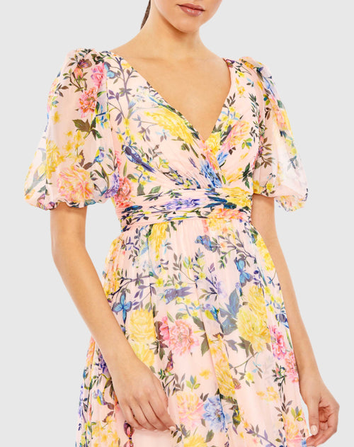 Floral Print Chiffon Puff Sleeve Tiered Hem Dress