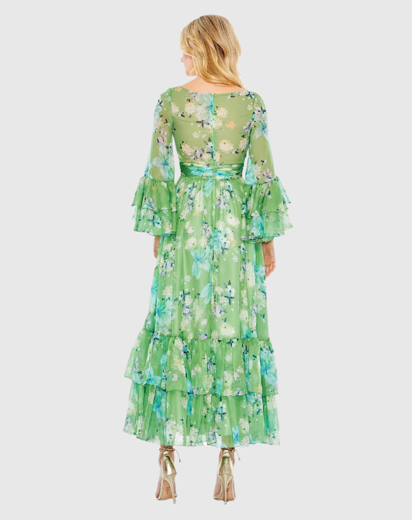 Floral Print Chiffon Wrap Flounce Sleeve Dress