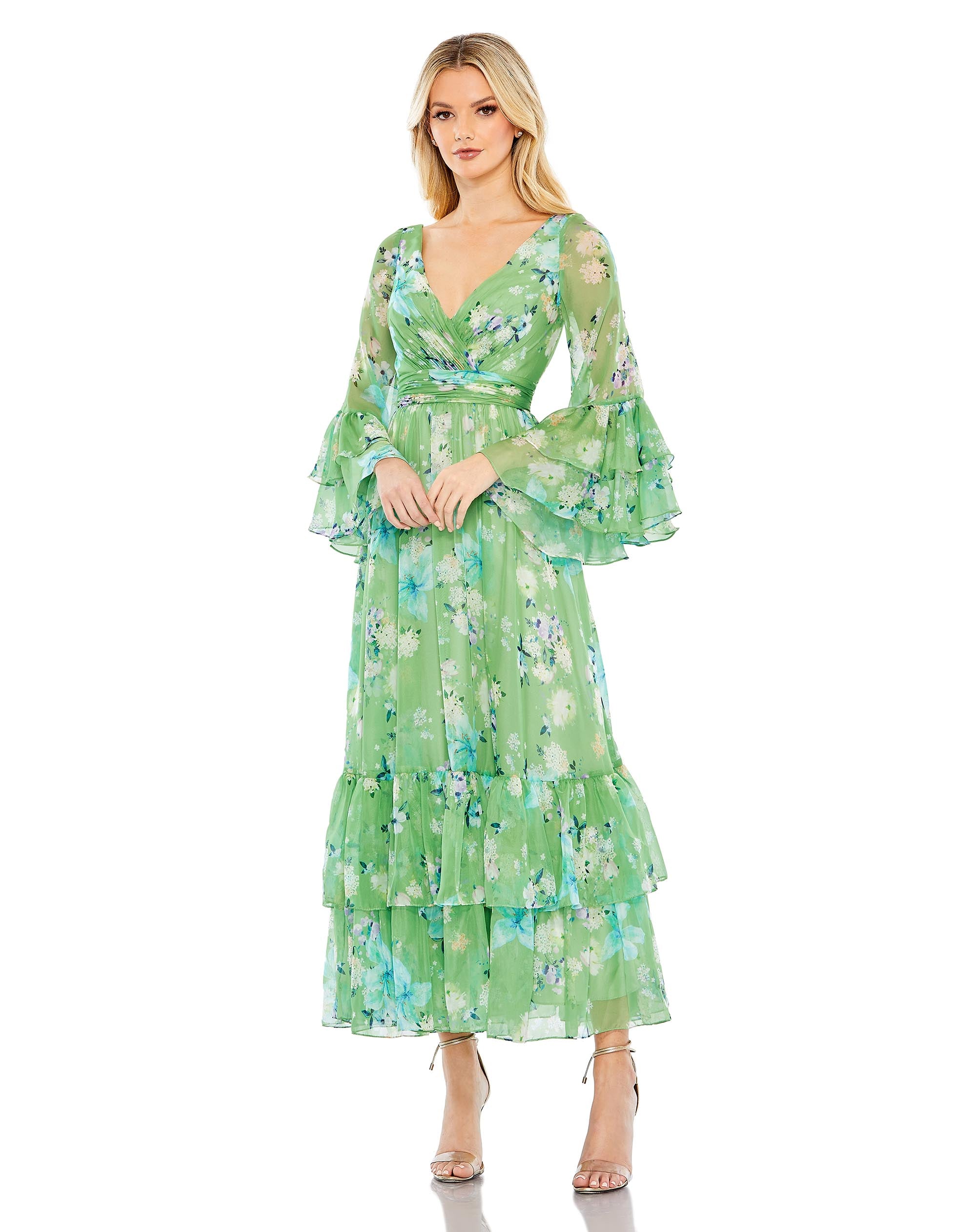 Floral Print Chiffon Wrap Flounce Sleeve Dress