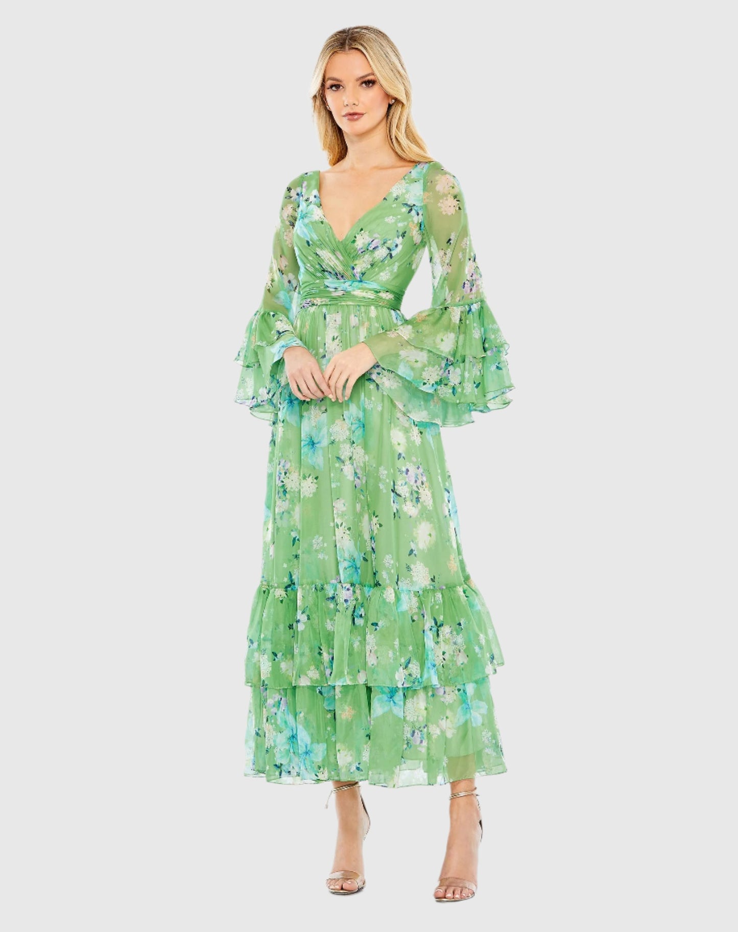 Floral Print Chiffon Wrap Flounce Sleeve Dress