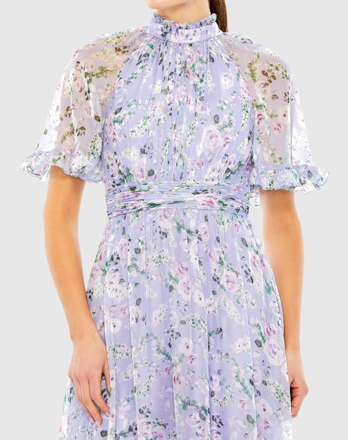 Floral Print High Neck Raglan Sleeve Dress