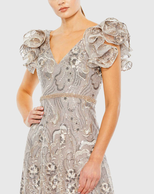 Embellished Ruffled Cap Sleeve A Line Dress