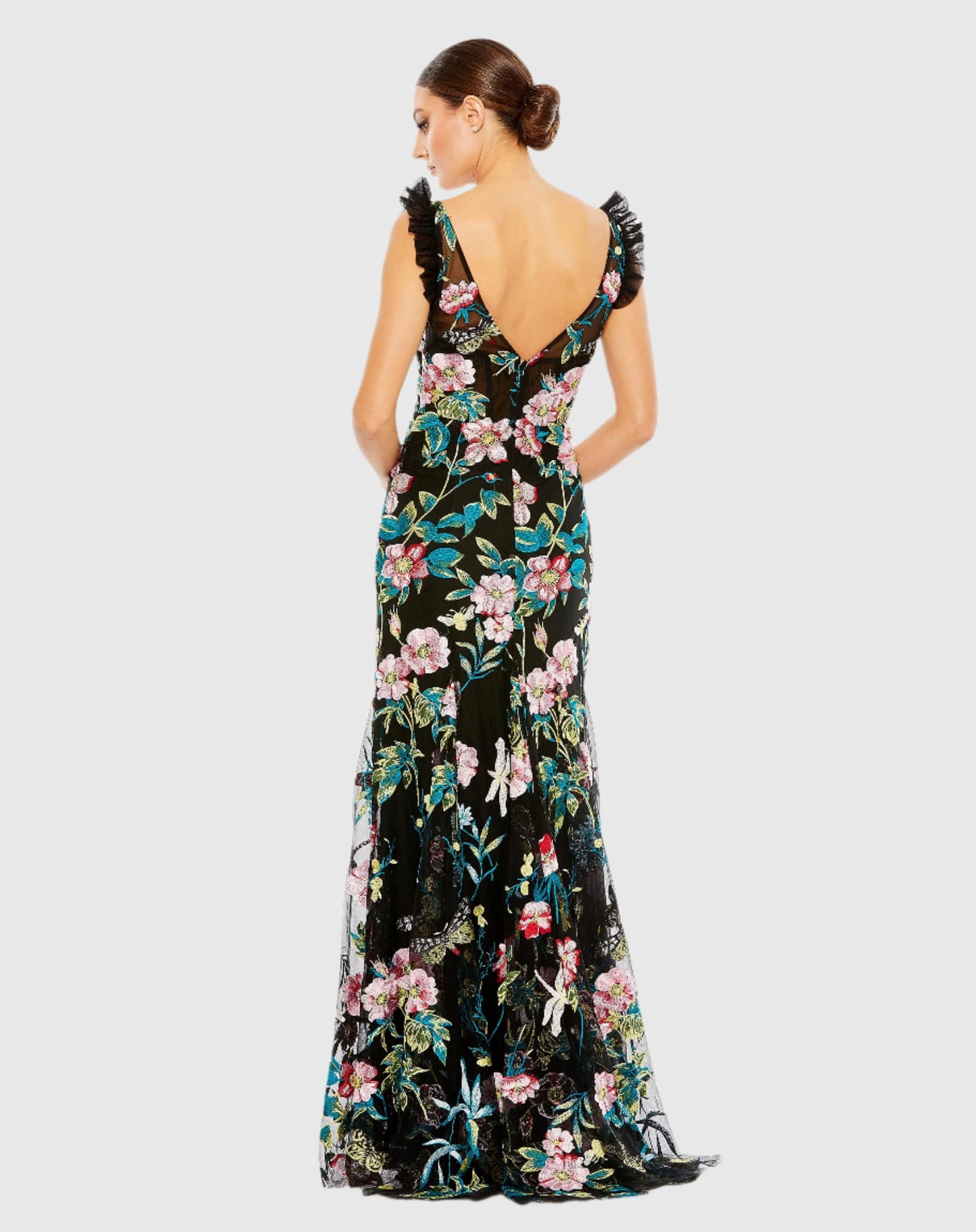 Embroidered Floral Plunge Neck Trumpet Gown