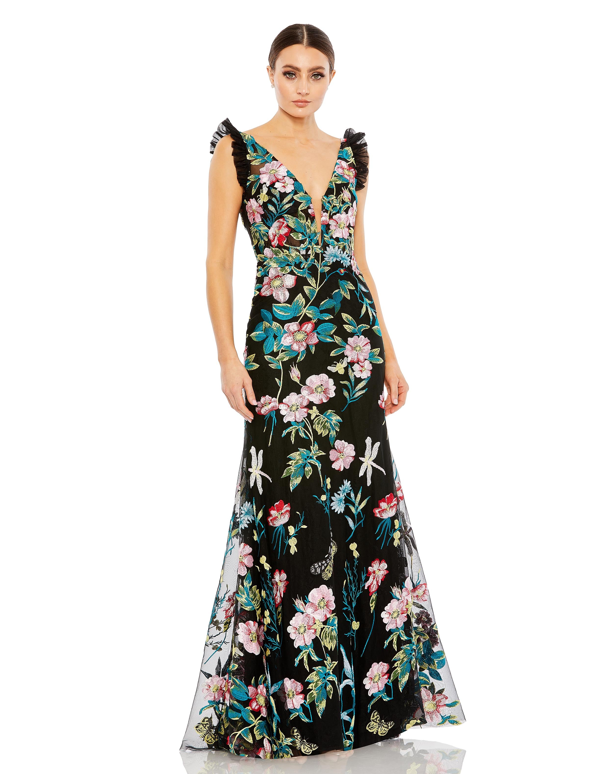 Embroidered Floral Plunge Neck Trumpet Gown