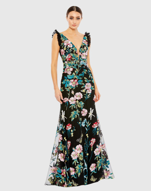 Embroidered Floral Plunge Neck Trumpet Gown