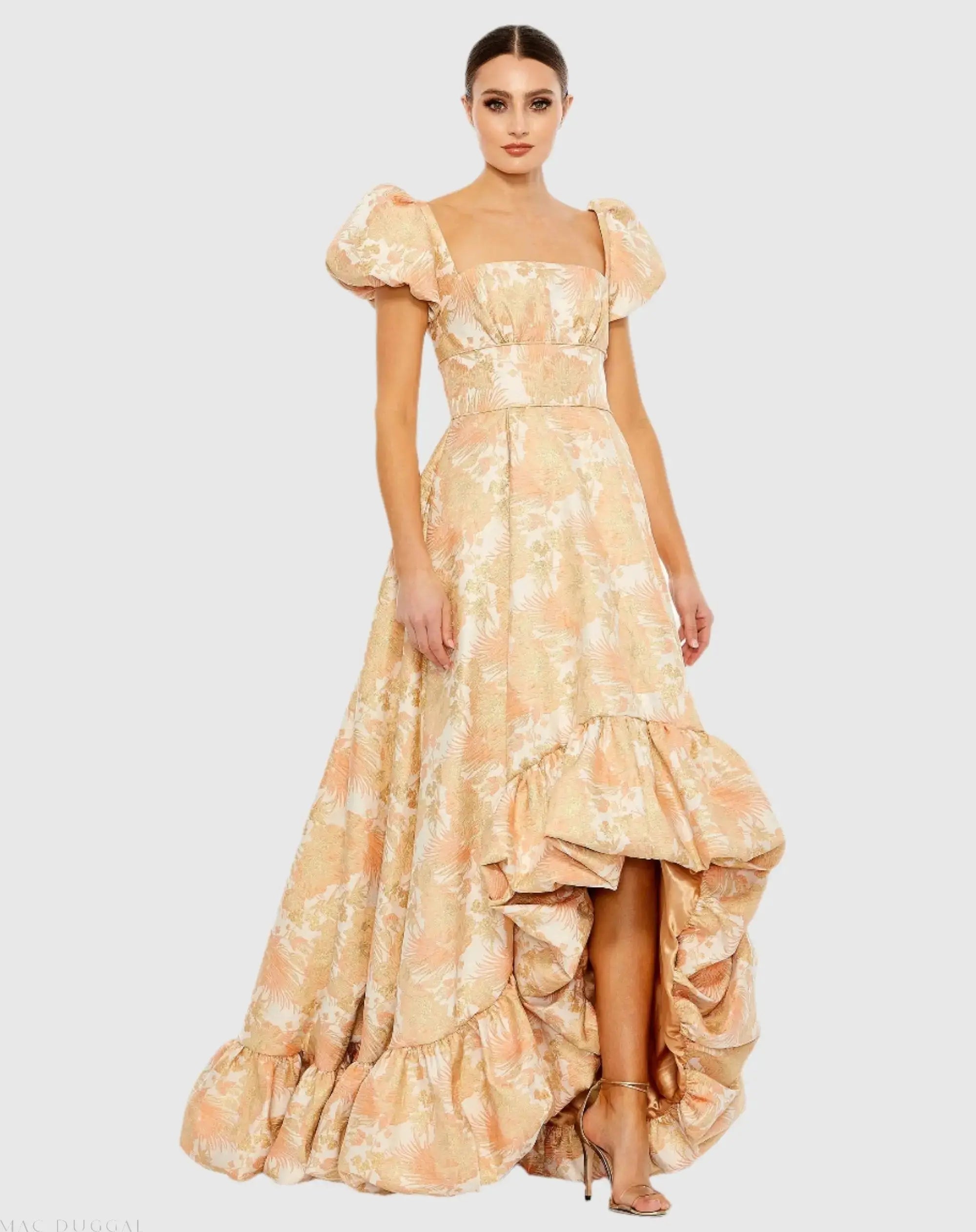 Orange Floral Print Puff Sleeve High Low Brocade Gown - Mac Duggal
