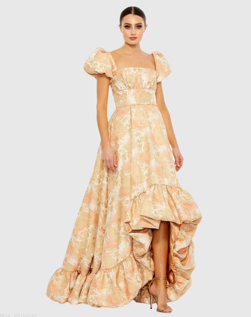 Orange Floral Print Puff Sleeve High Low Brocade Gown - Mac Duggal