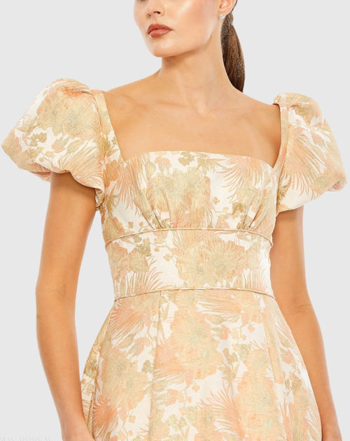 Orange Floral Print Puff Sleeve High Low Brocade Gown - Mac Duggal
