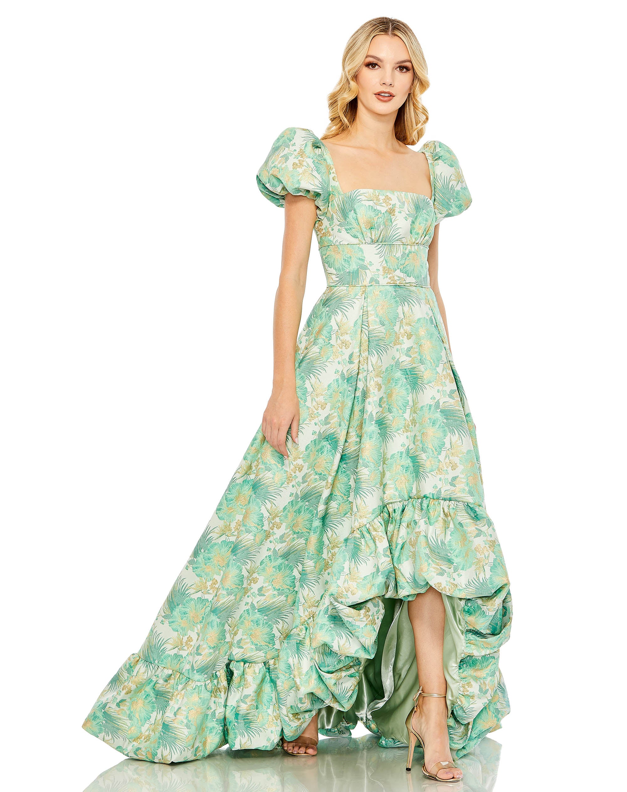 Floral Print Puff Sleeve High Low Brocade Gown