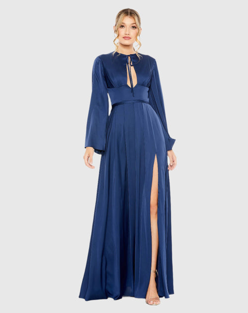 Charmeuse Soft Tie Keyhole Bell Sleeve Gown