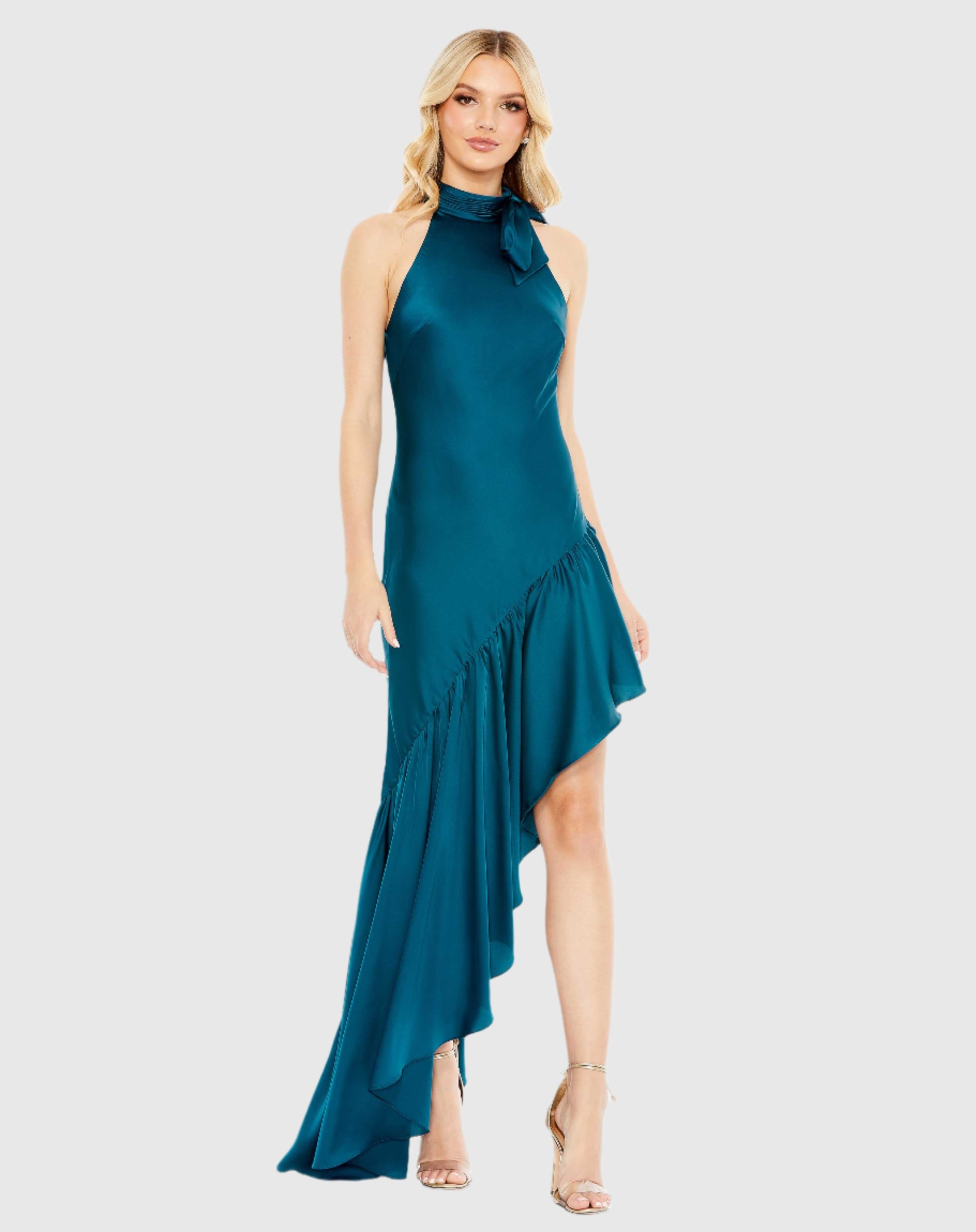 Halter Neck Ruffled Asymmetrical Gown