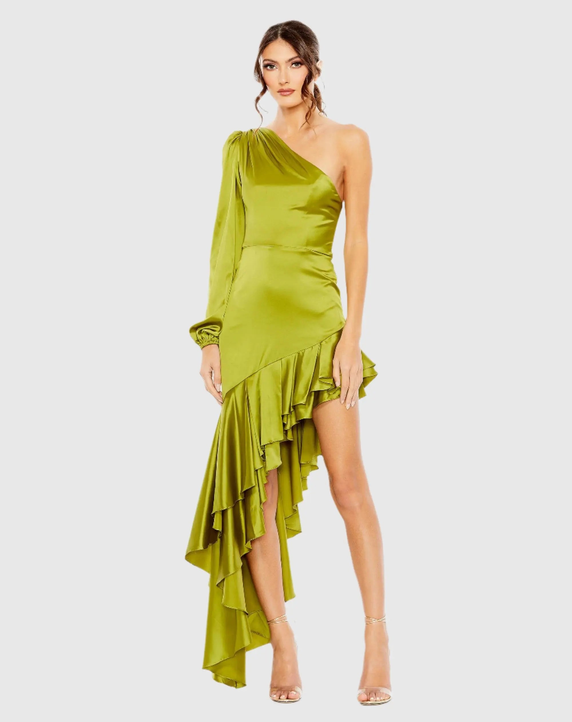 Green Charmeuse One Sleeve Ruffled Asymmetrical Gown - Ieena for Mac Duggal