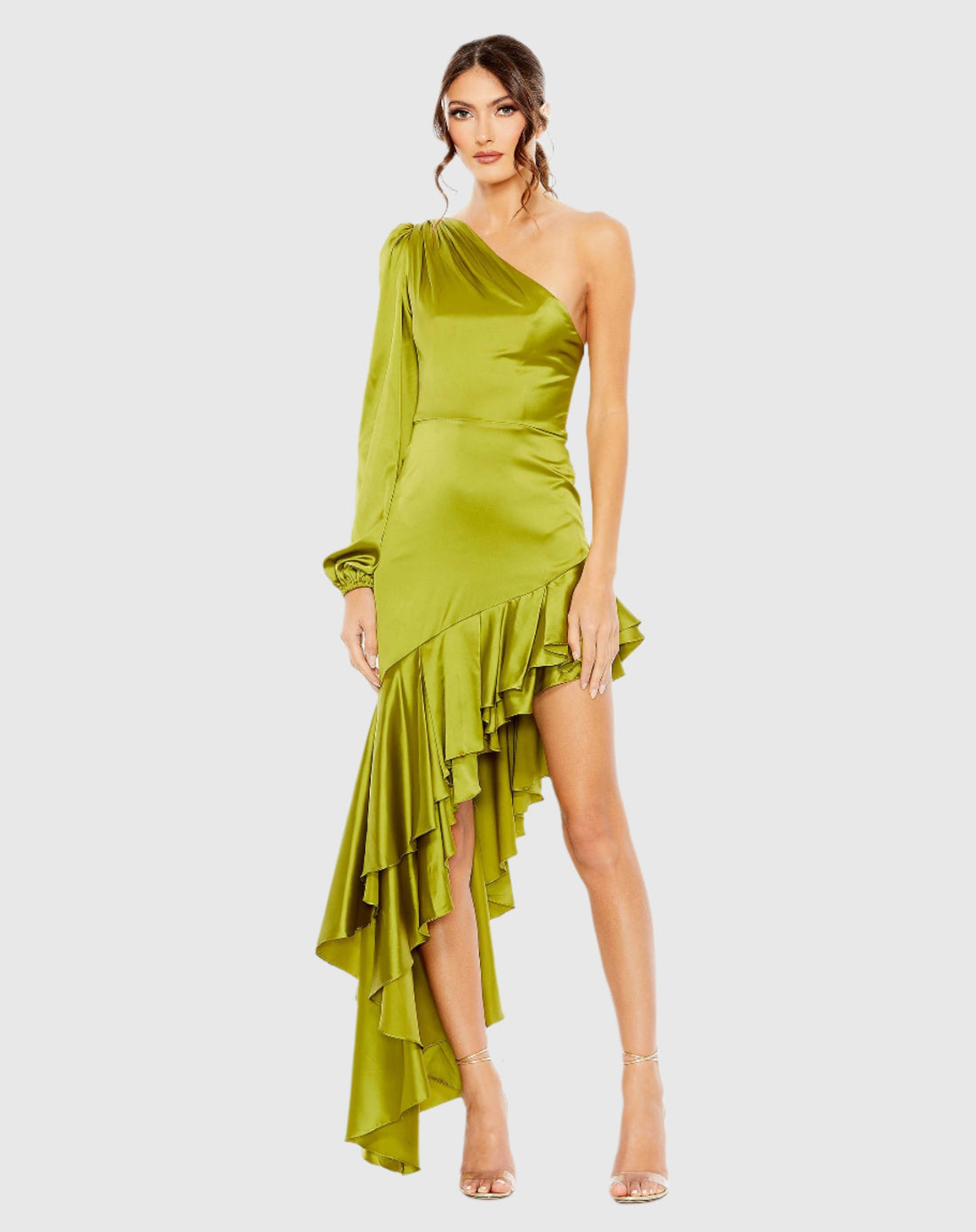 Charmeuse One Sleeve Ruffled Asymmetrical Gown