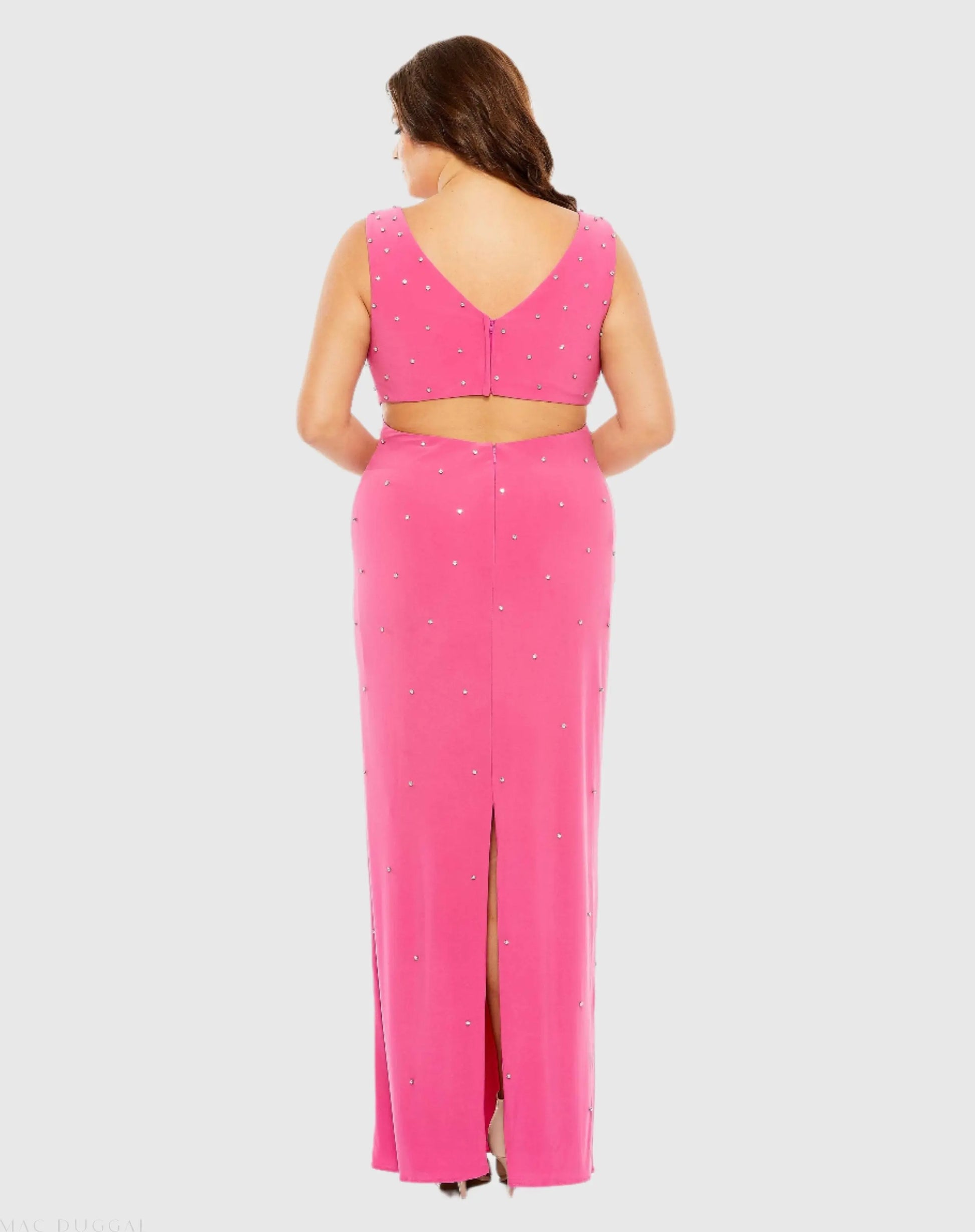 hot pink rhinestone dress Mac Duggal Plus Size Rhinestone Embellished Open Back Jersey Gown