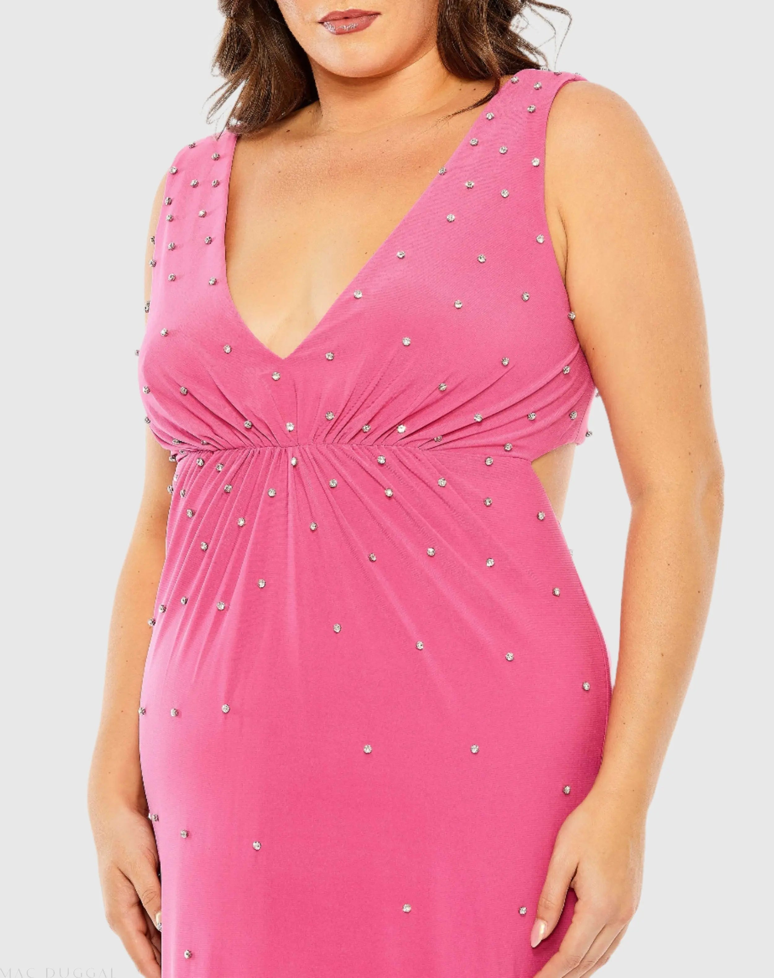 Pink Rhinestone Embellished Open Back Jersey Gown (Plus) - Mac Duggal