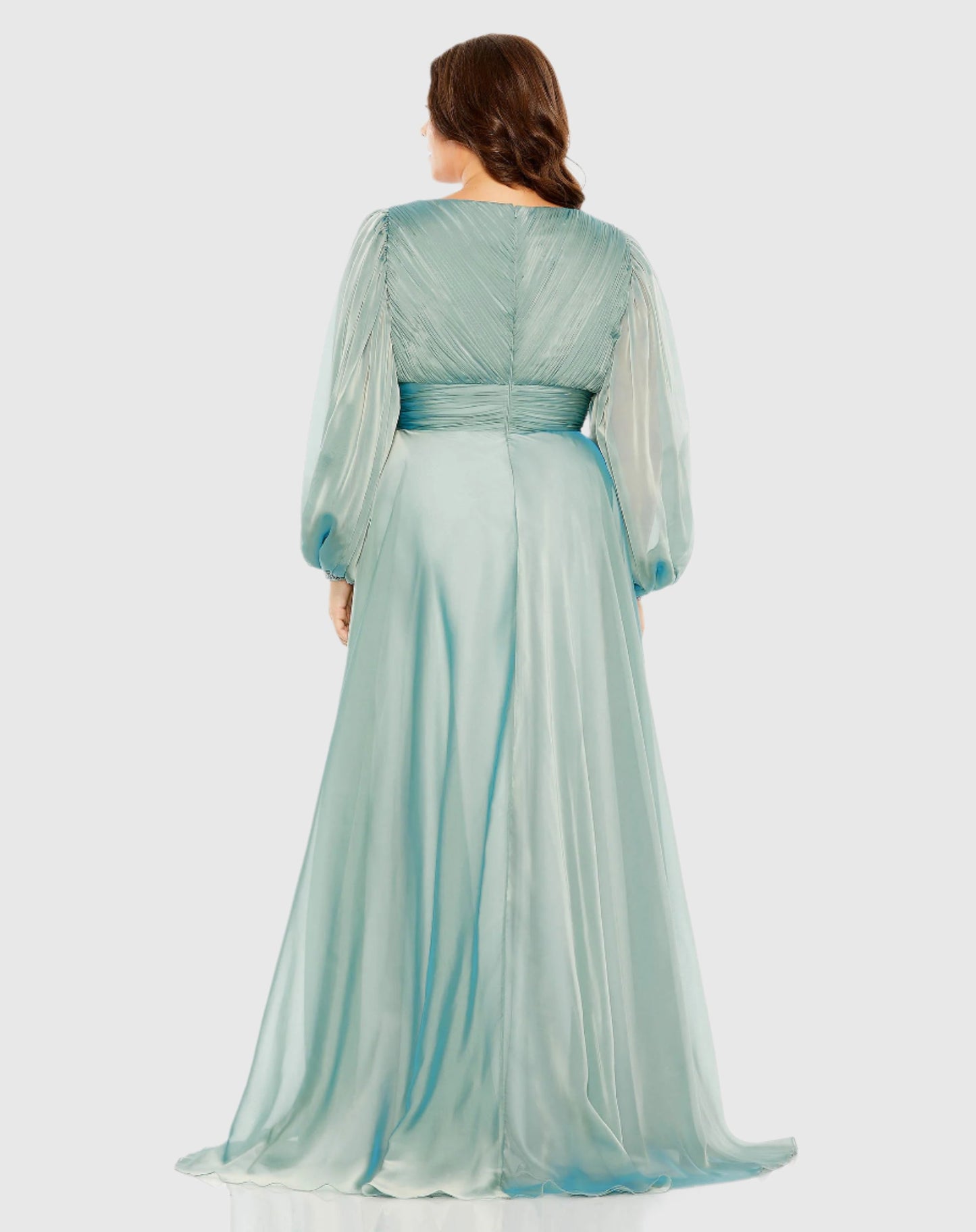 Puff Sleeve w/ Embellished Cuff V Neck A Line Gown