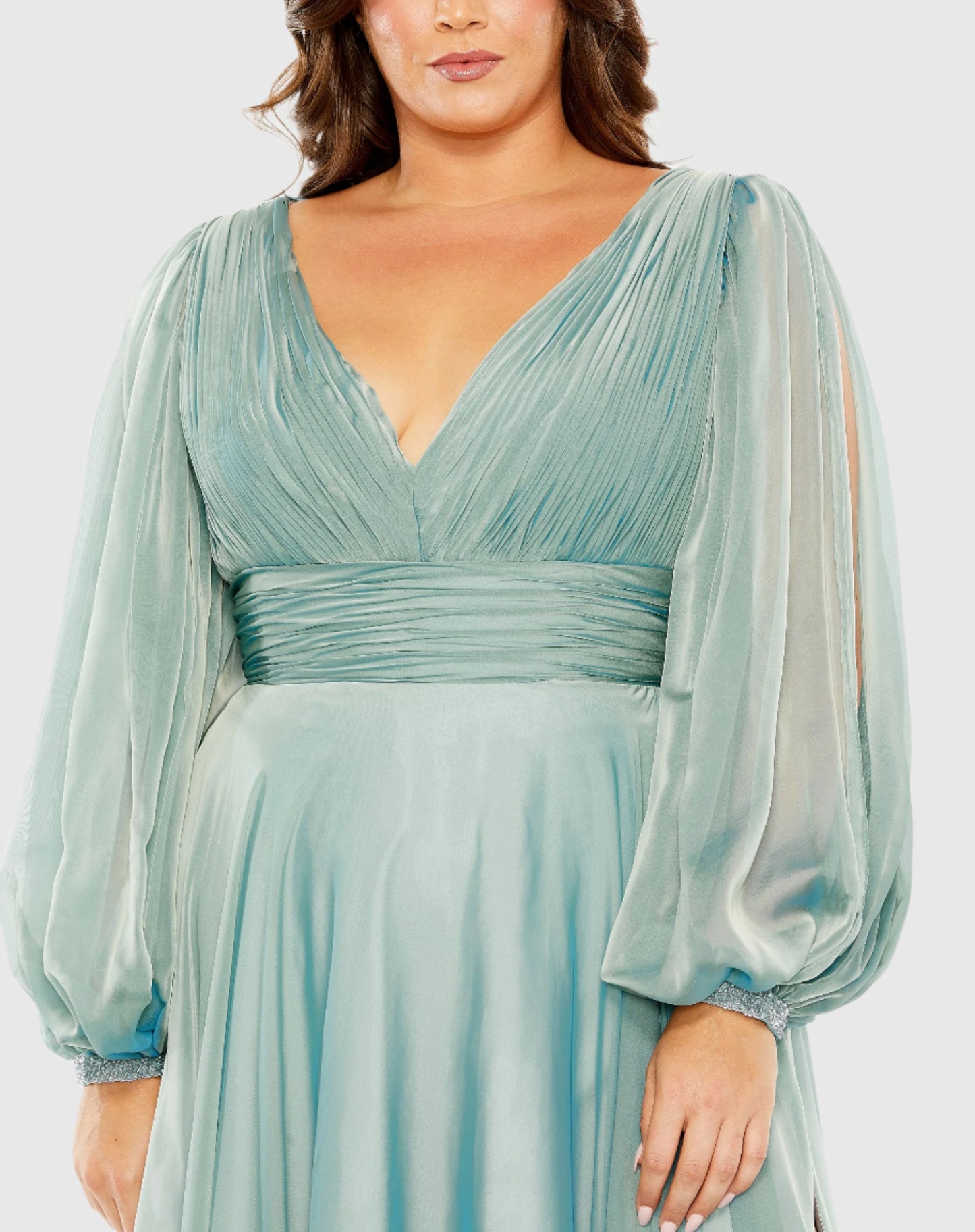 Puff Sleeve w/ Embellished Cuff V Neck A Line Gown