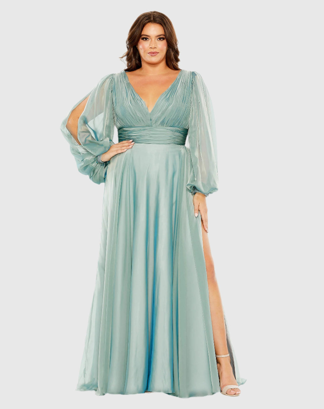 Puff Sleeve w/ Embellished Cuff V Neck A Line Gown