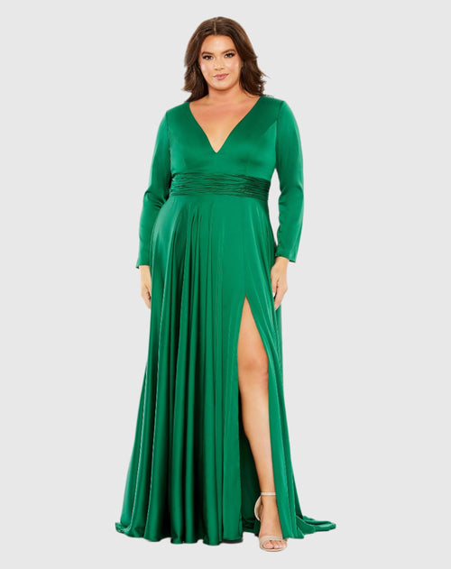 Quarter Sleeve V Neck A Line Gown