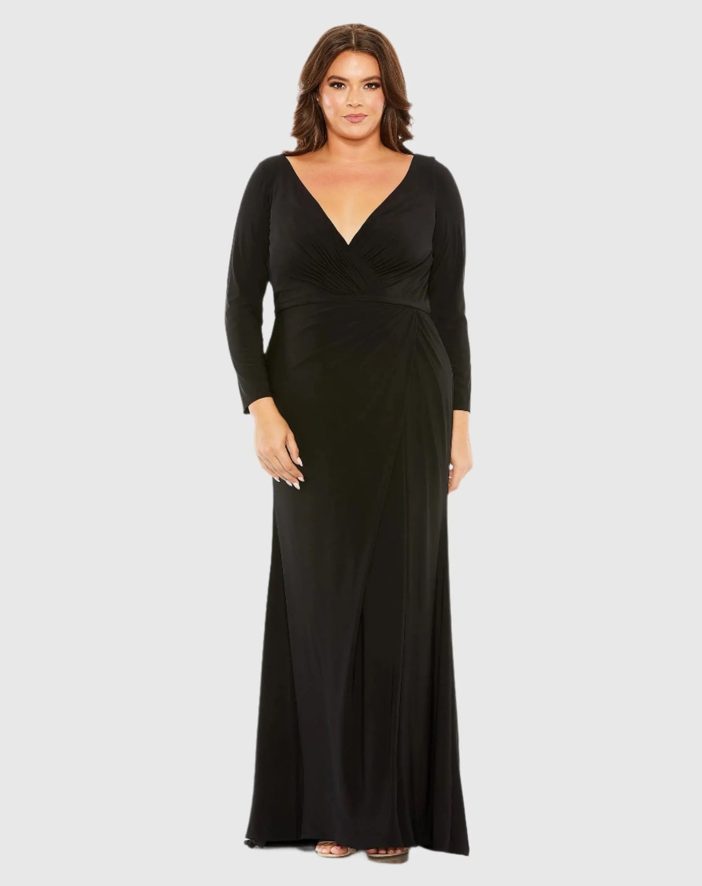 Black Long Sleeve V-Neck Faux Wrap Gown - Mac Duggal