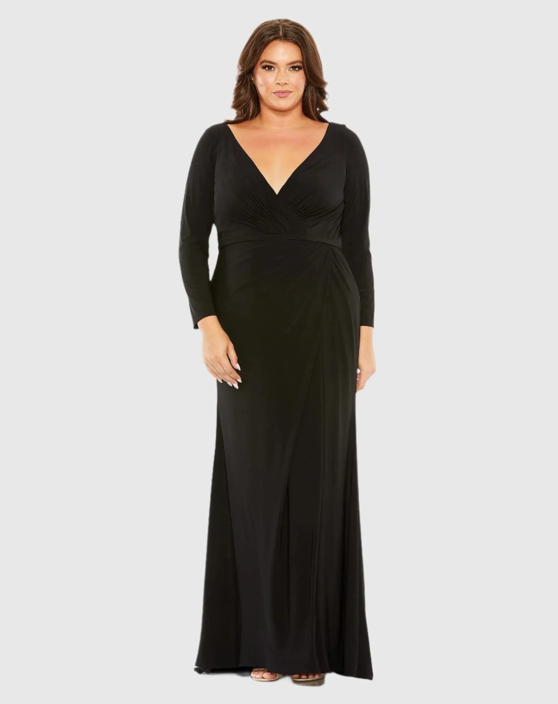 Black Long Sleeve V-Neck Faux Wrap Gown - Mac Duggal