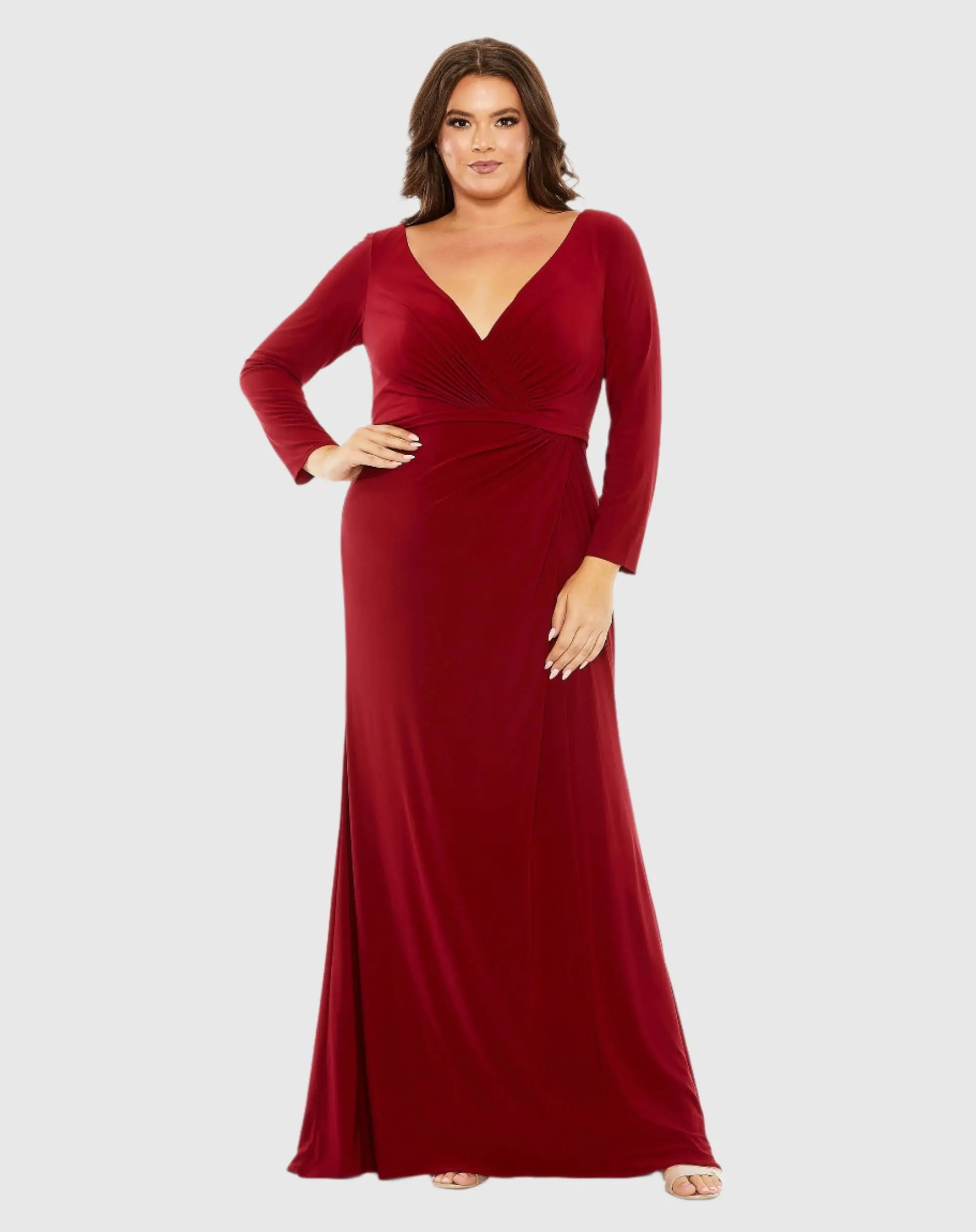 Red Long Sleeve V-Neck Faux Wrap Gown - Mac Duggal