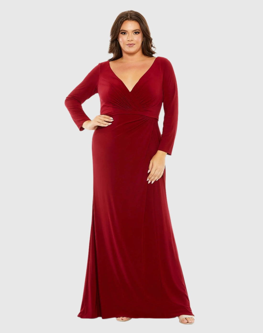 Red Long Sleeve V-Neck Faux Wrap Gown - Mac Duggal