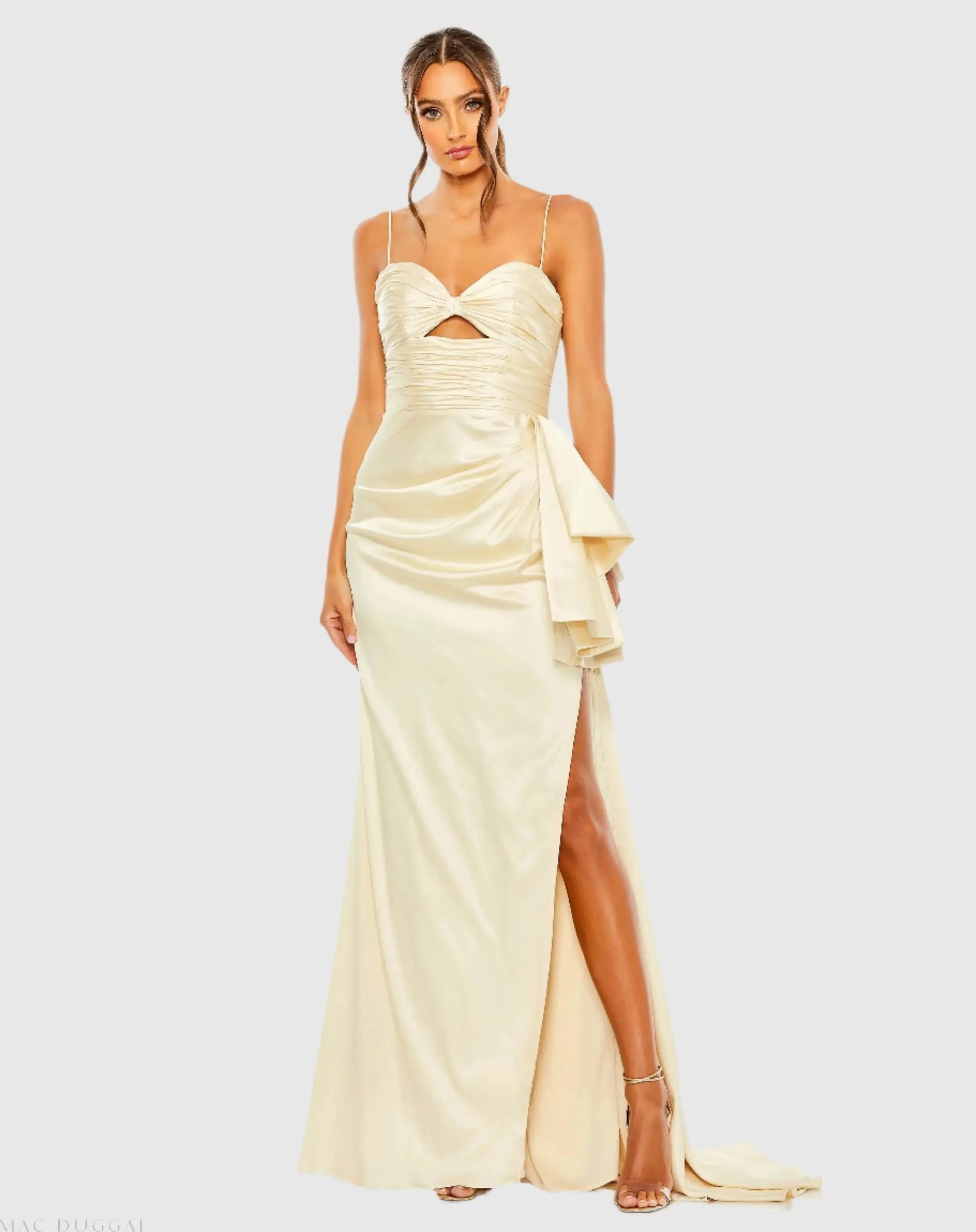 Beige Spaghetti Strap Cut Out Side Bow Gown - Mac Duggal Beige Spaghetti Strap Cut Out Side Bow Gown - Mac Duggal