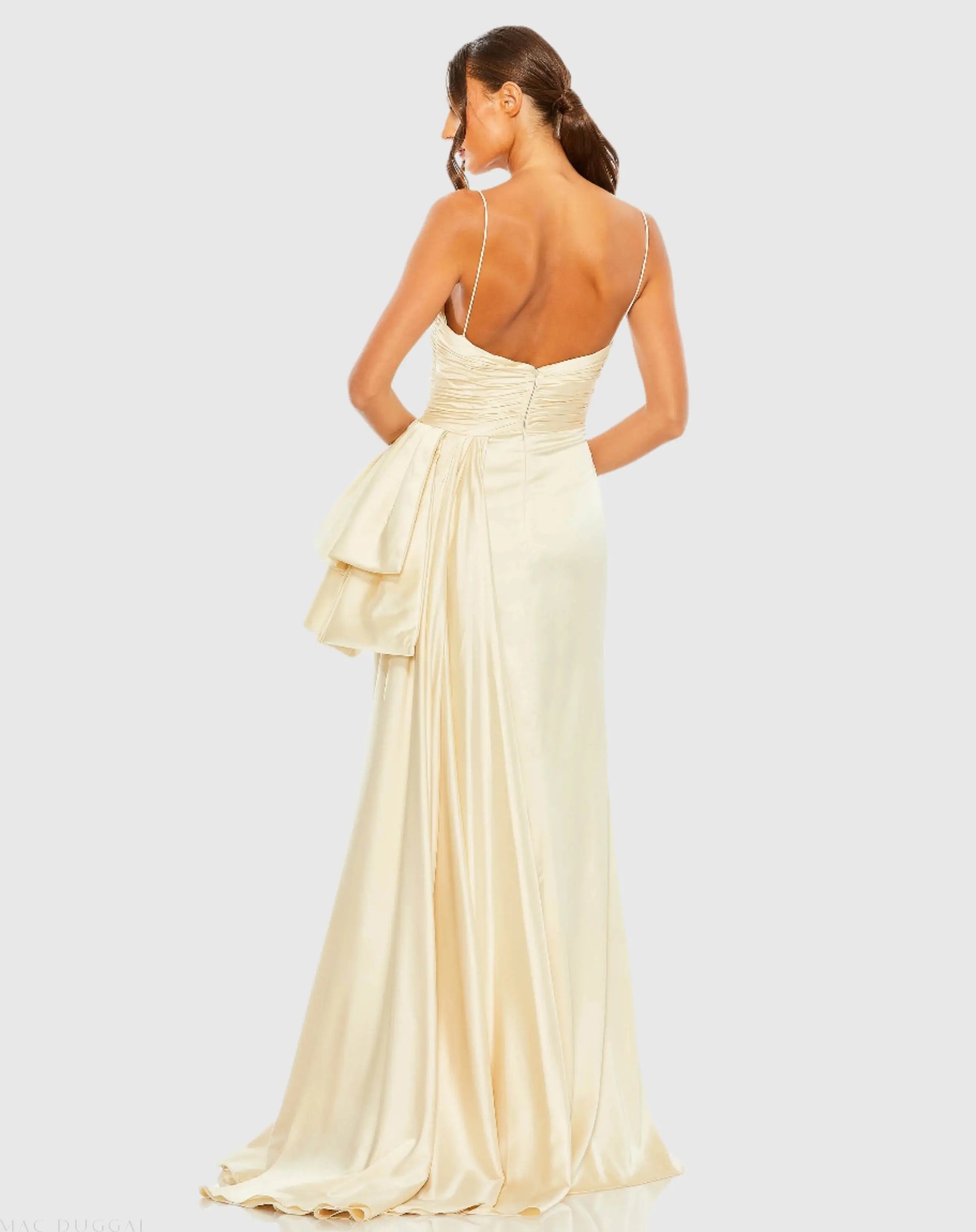 Beige Spaghetti Strap Cut Out Side Bow Gown - Mac Duggal Beige Spaghetti Strap Cut Out Side Bow Gown - Mac Duggal