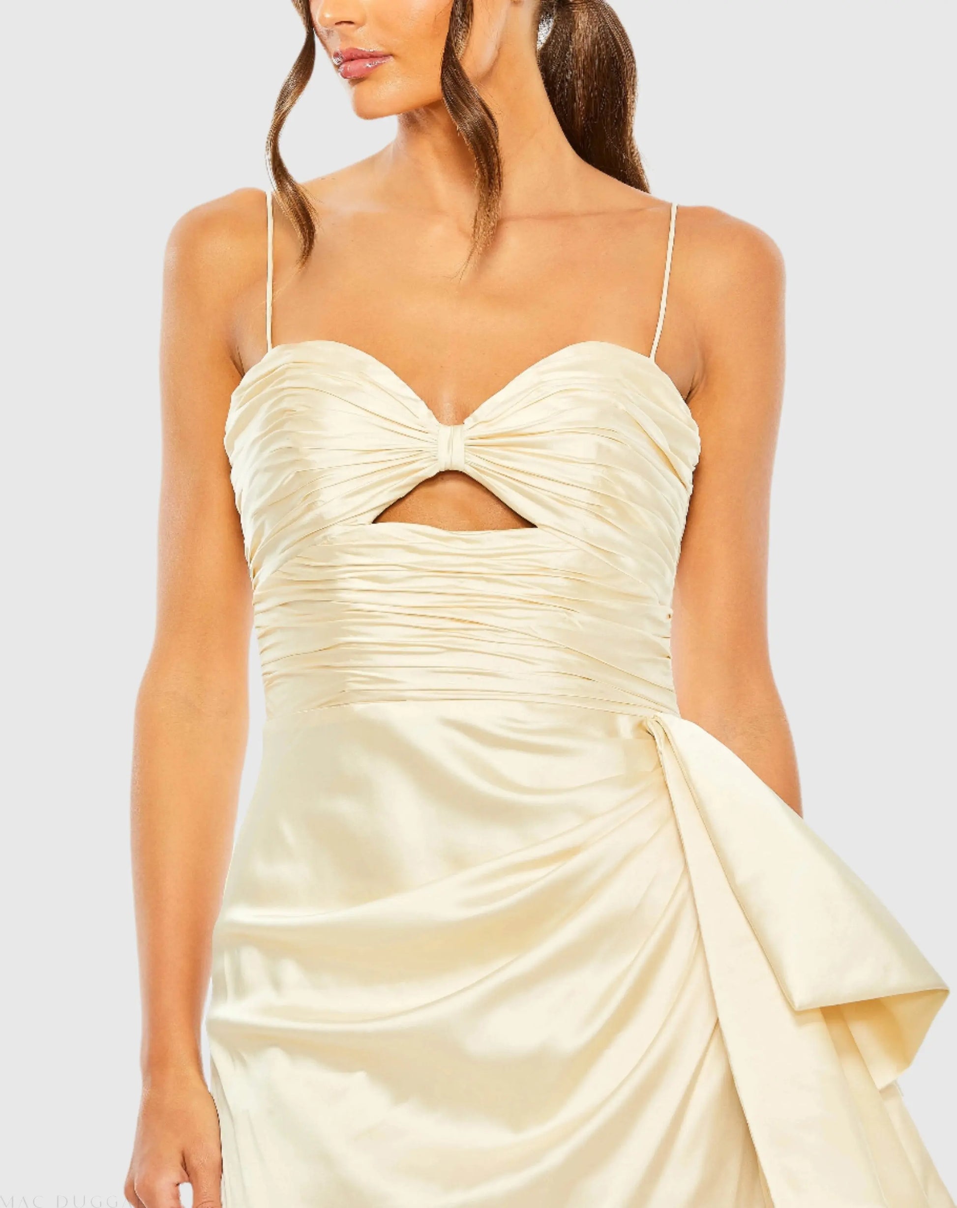 Beige Spaghetti Strap Cut Out Side Bow Gown - Mac Duggal US 12 Beige Spaghetti Strap Cut Out Side Bow Gown - Mac Duggal US 12